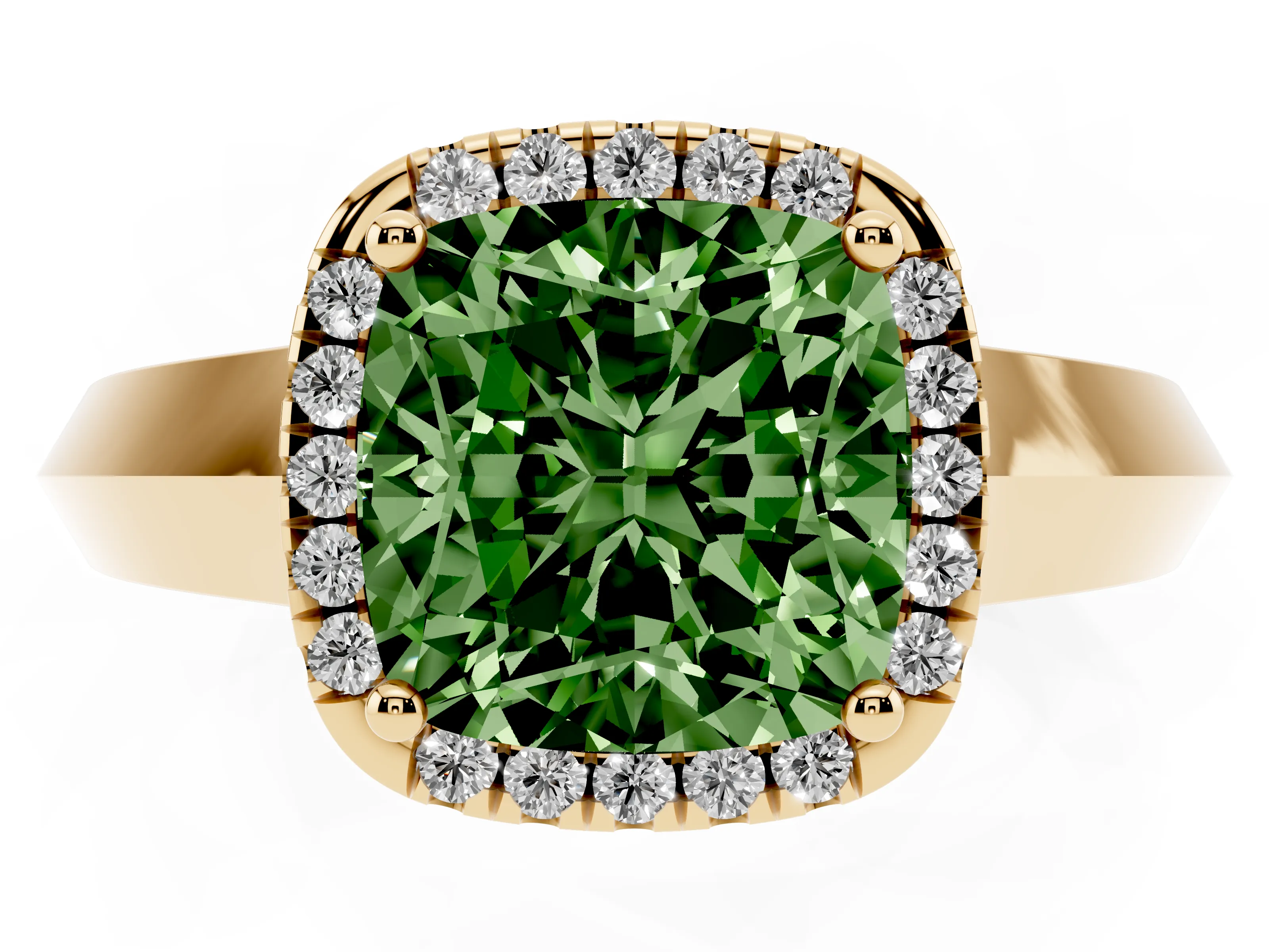 Fancy Green Cushion Cut Diamond Halo Ring Set in Yellow gold with Cathedral Band and Prong Setting
