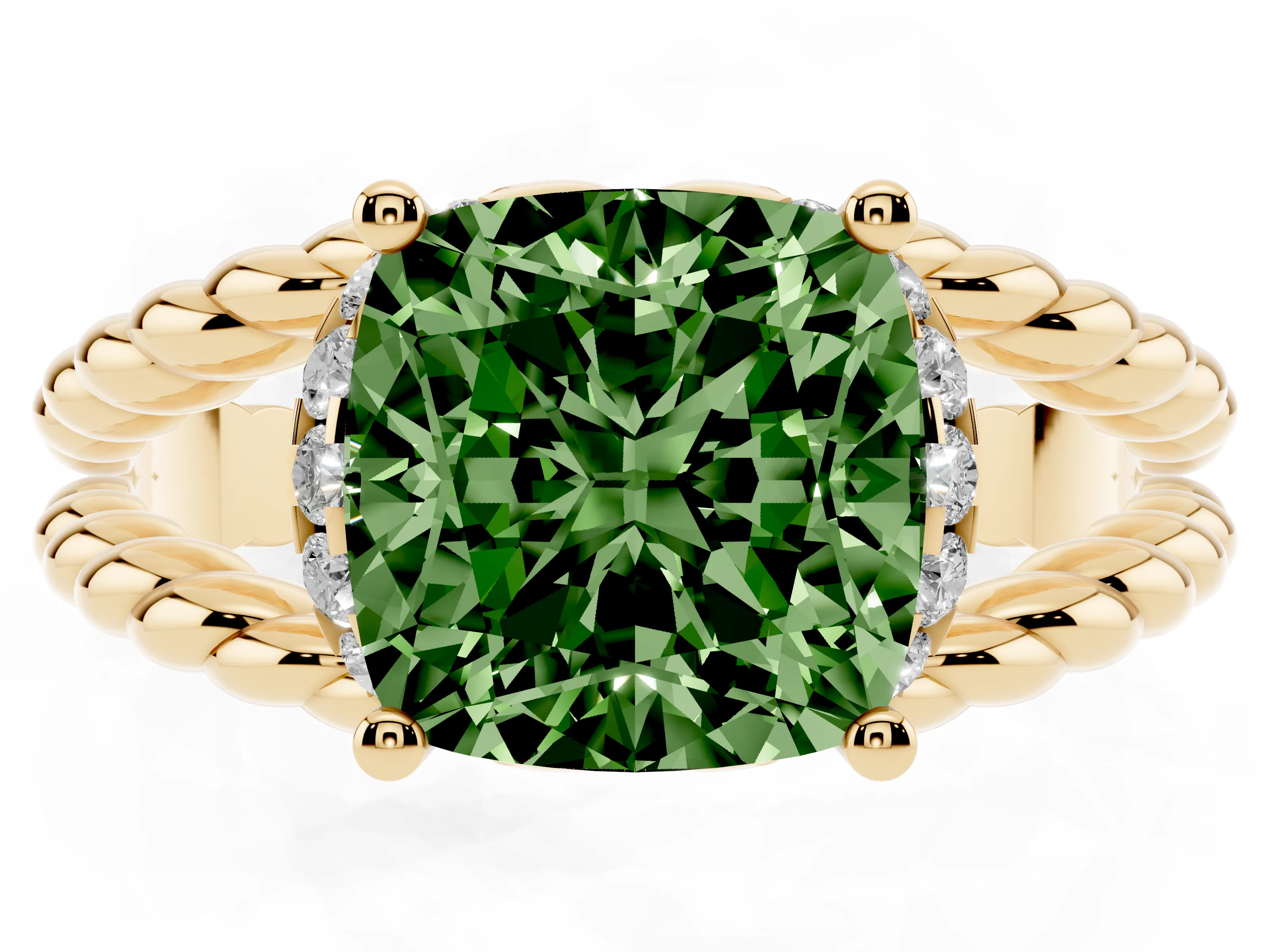 Fancy Green Cushion Cut Diamond Halo Ring Set in Yellow gold with Twisted Band and Prong Setting