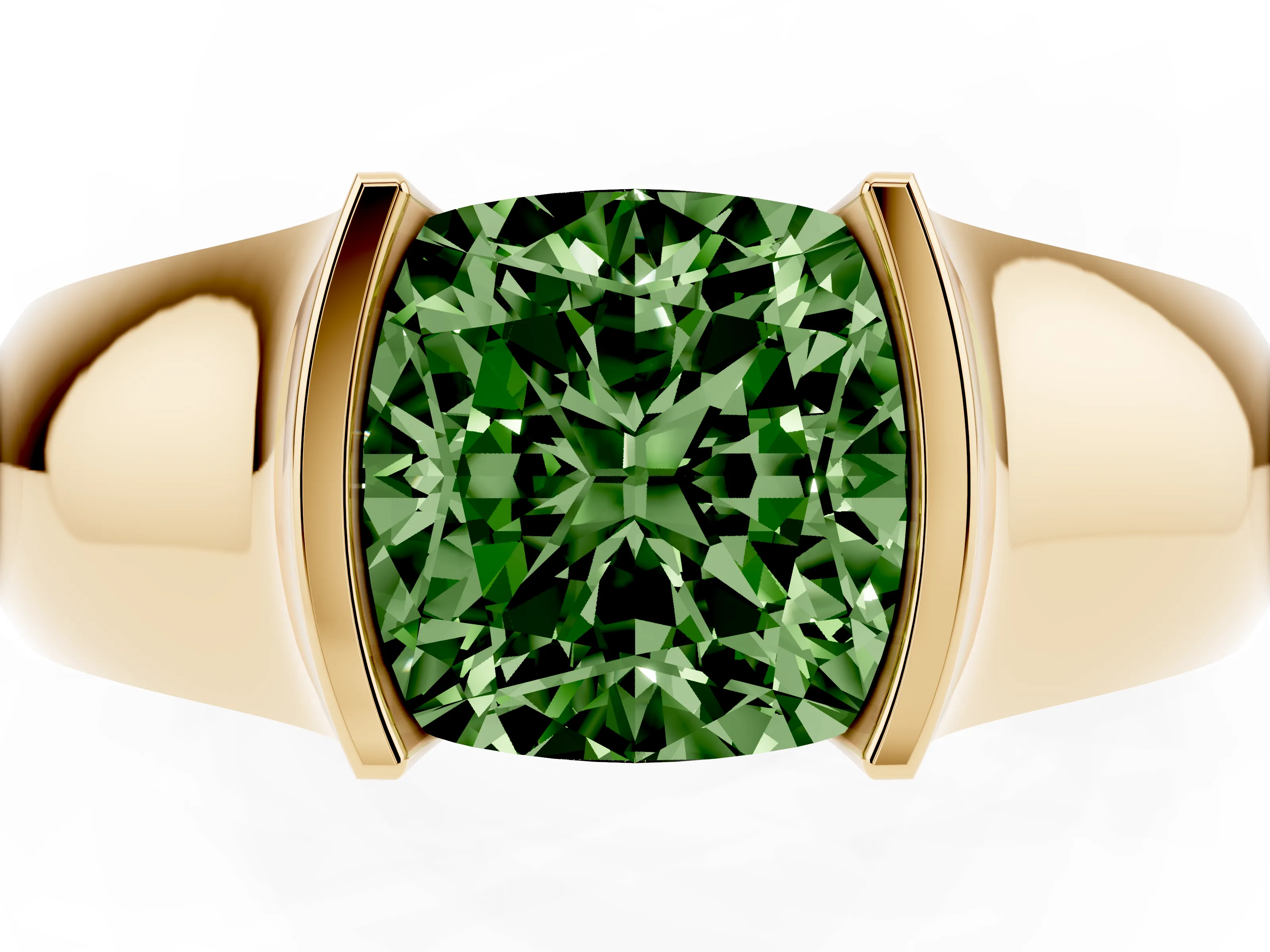Fancy Green Cushion Cut Diamond Bezel Solitaire Ring Set in Yellow gold with Wide Band