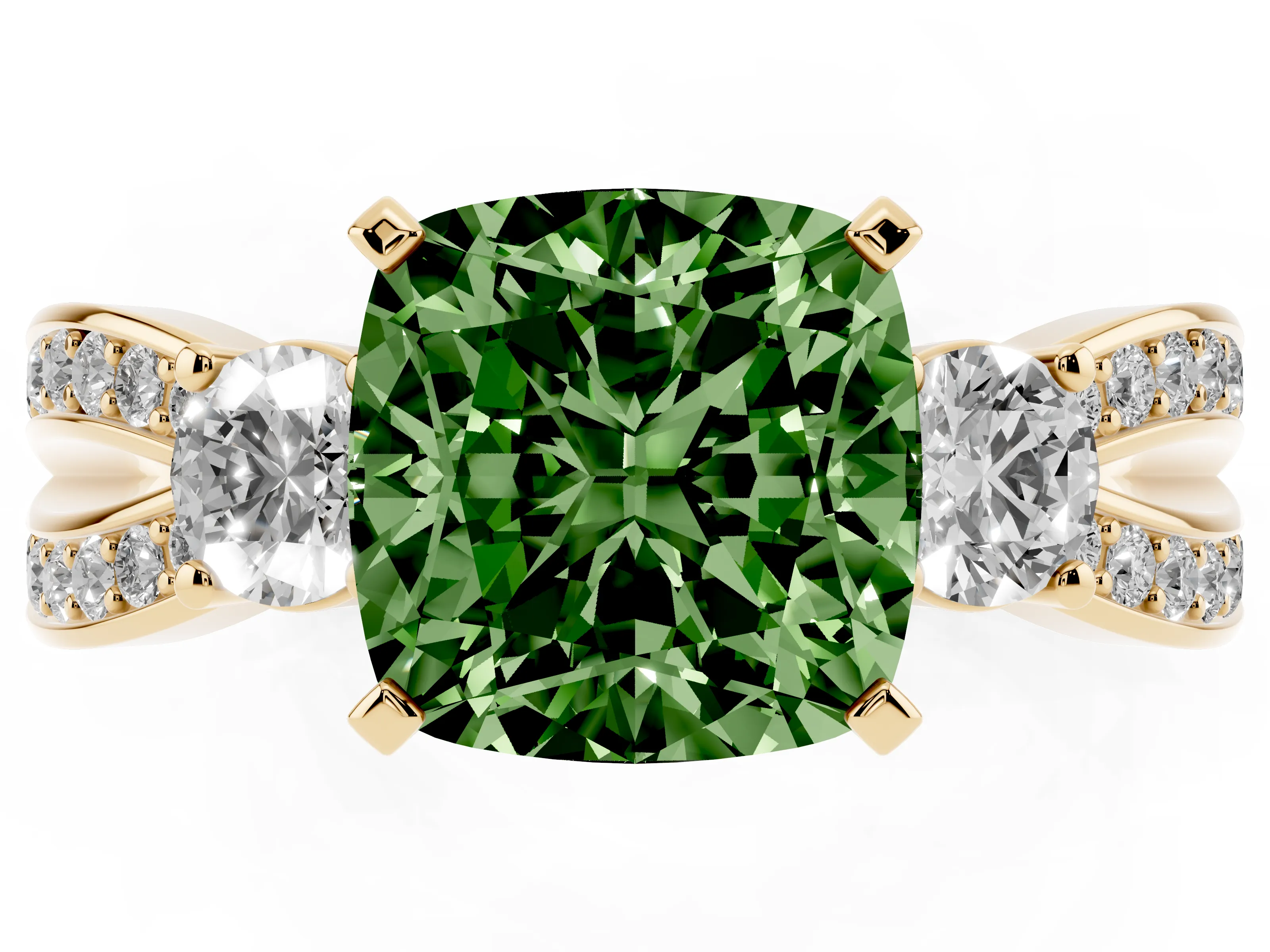 Fancy Green Three-Stone Cushion Cut Diamond Twist Band Ring Set in Yellow gold with Pavé Accents and Prong Setting