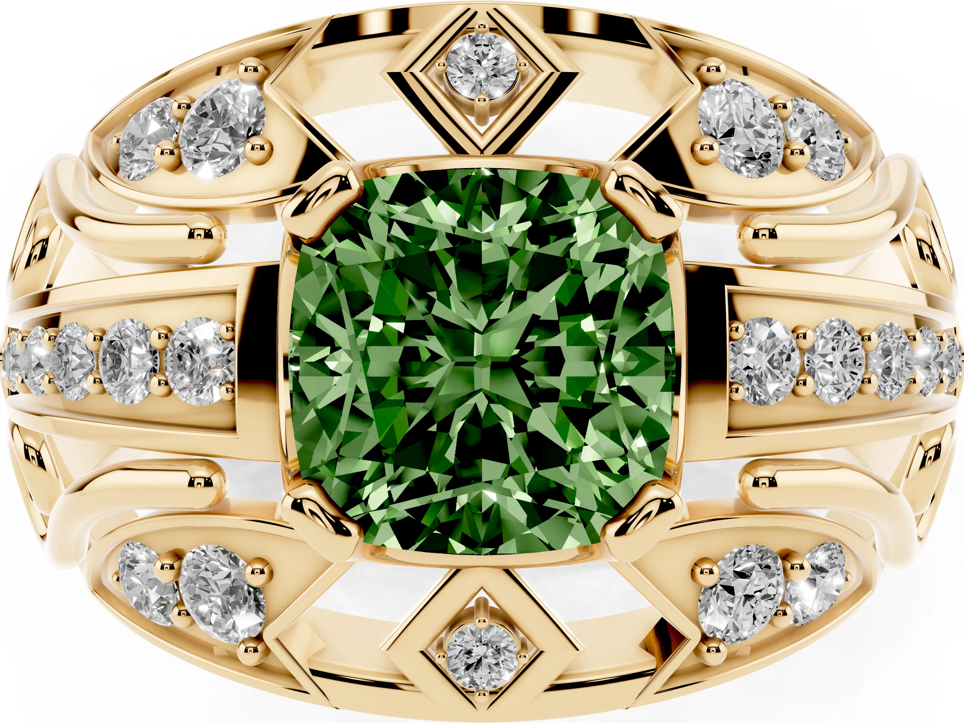 Fancy Green Cushion Cut Diamond Art Deco Ring Set in Yellow gold with Pavé Split Shank