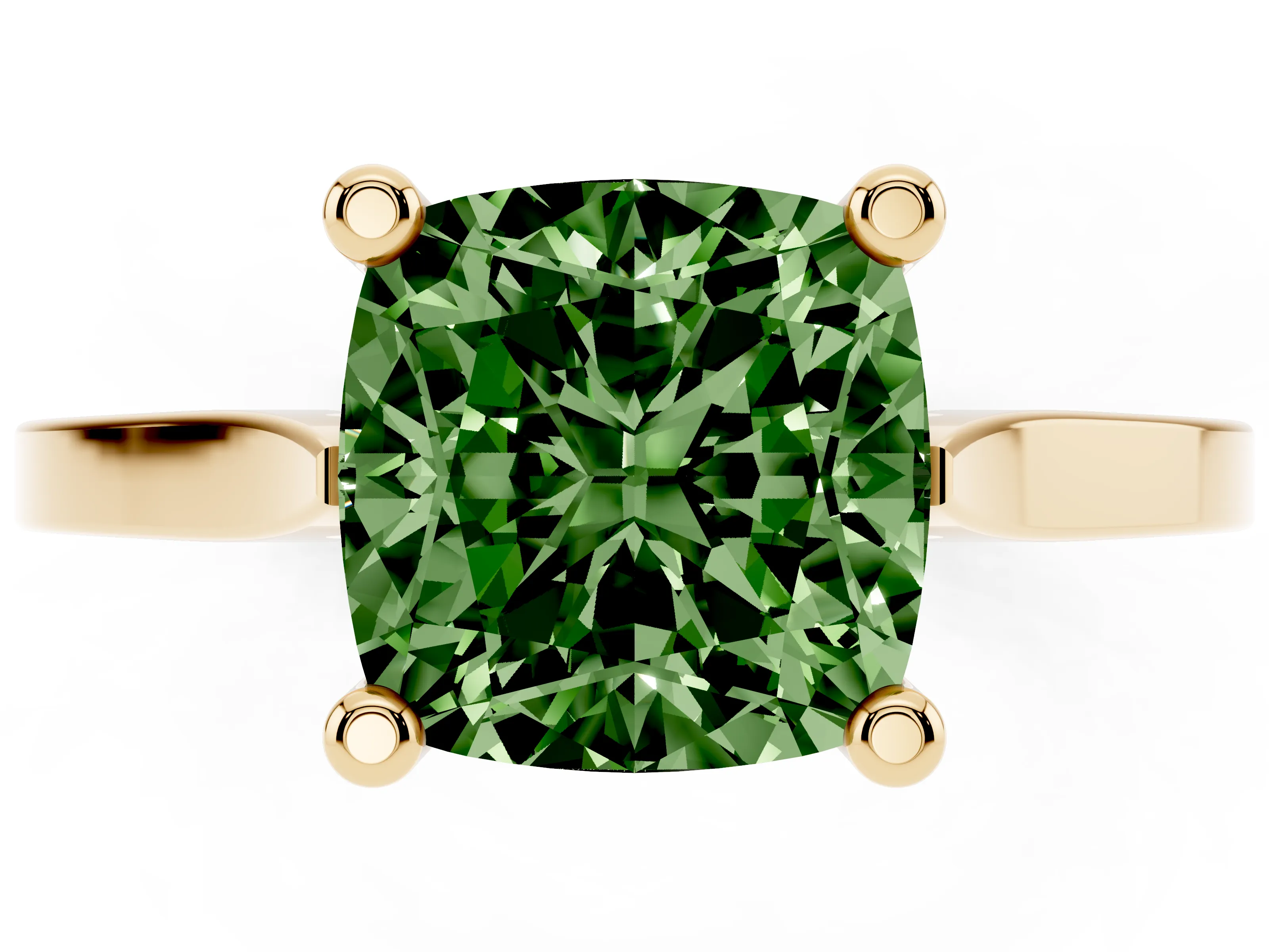 Fancy Green Cushion Cut Diamond Solitaire Ring Set in Yellow gold with Prong Setting and Tapered Band