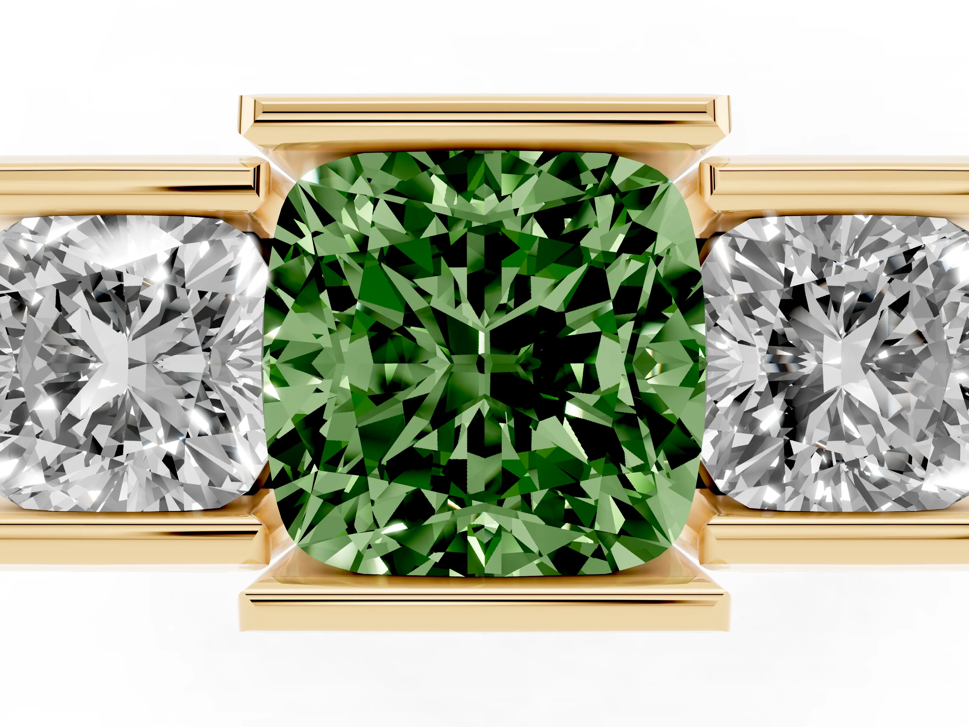 Fancy Green Cushion Cut Diamond Three-Stone Channel Set Ring Set in Yellow gold with Smooth Polished Band