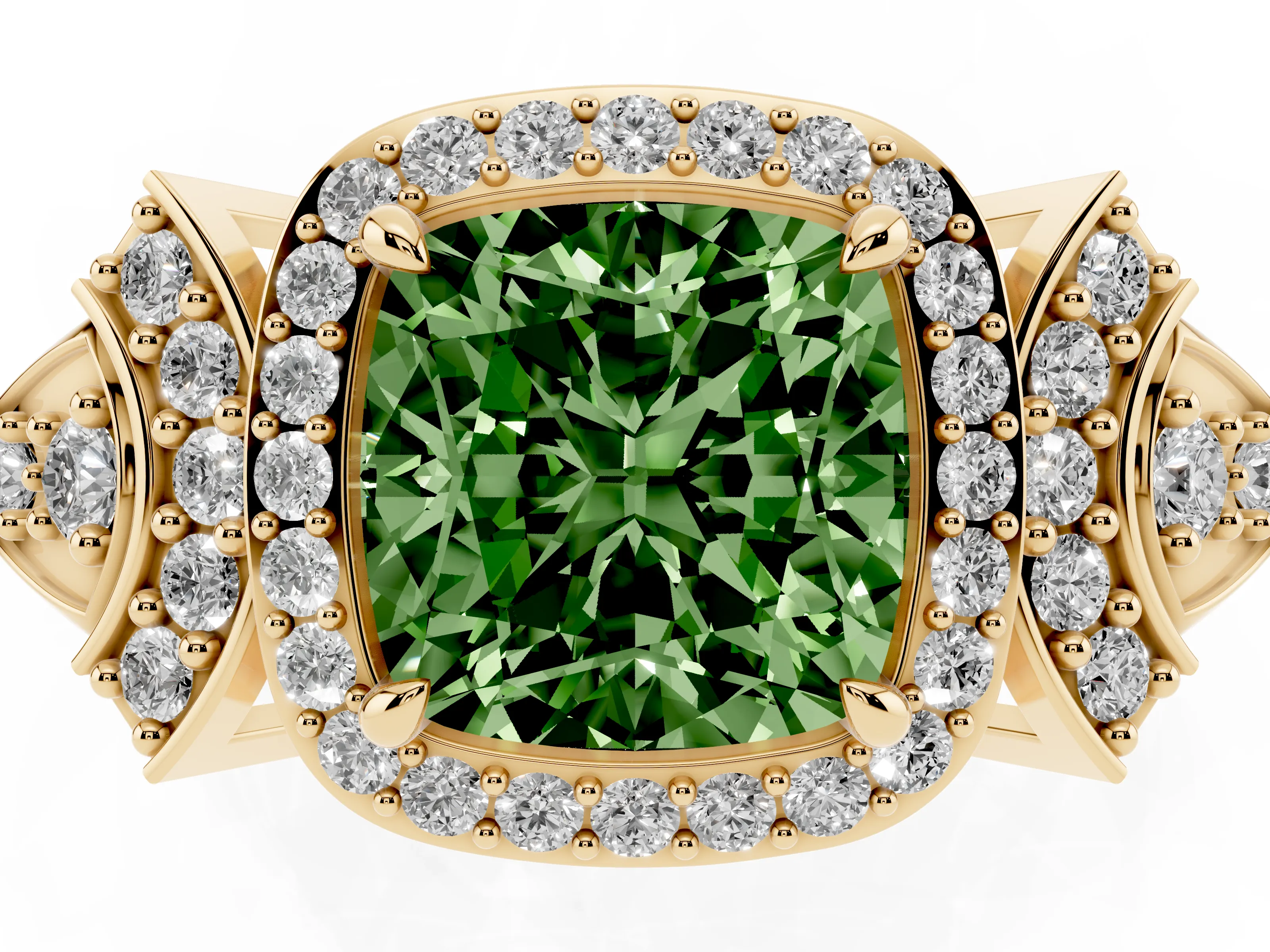 Fancy Green Cushion Cut Diamond Halo Engagement Ring Set in Yellow gold with Accent Stone Split Shank