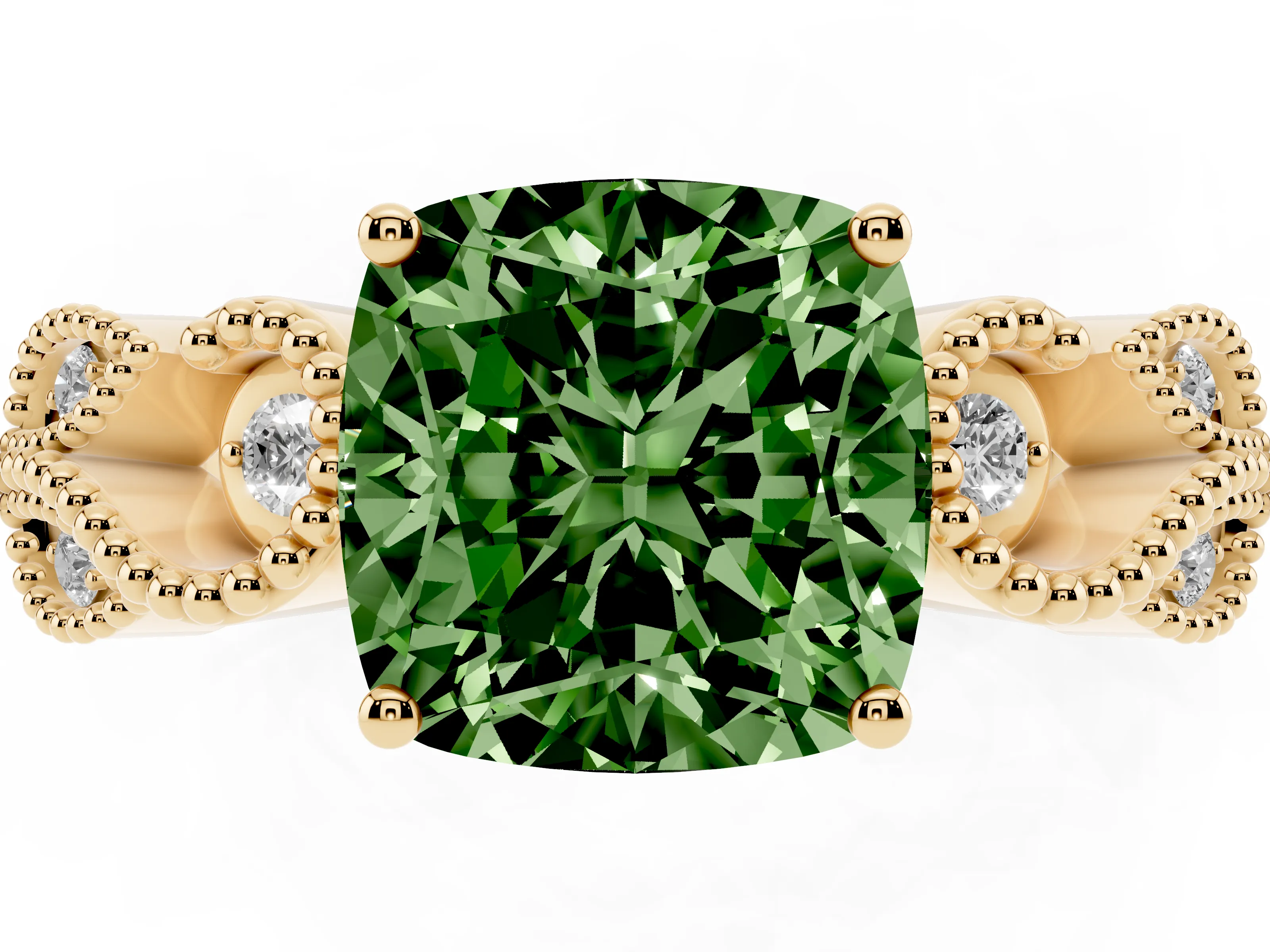 Fancy Green Cushion Cut Diamond Milgrain Leaf Band Solitaire Ring Set in Yellow gold with Accent Stones and Prong Setting