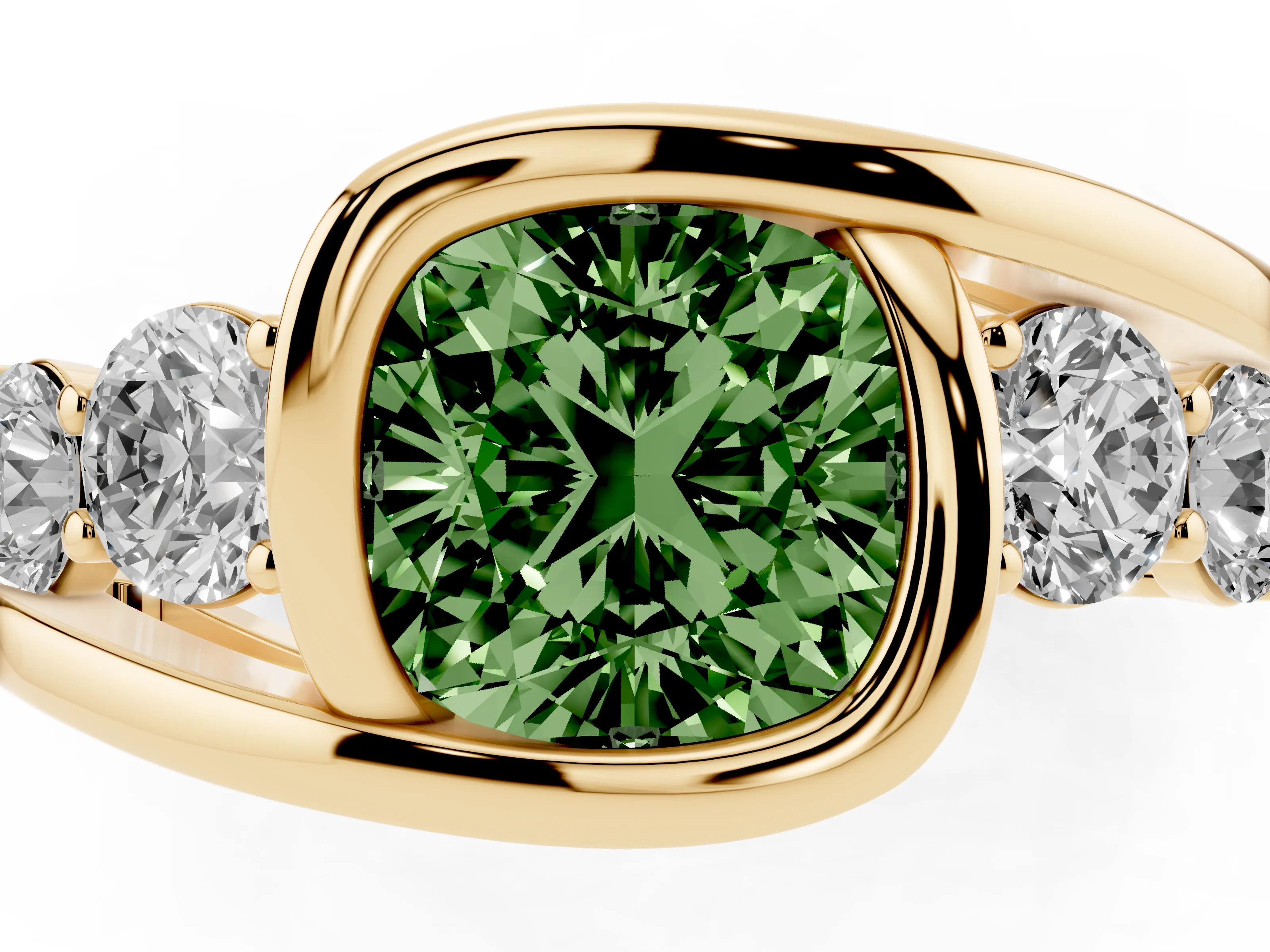 Fancy Green Cushion Cut Diamond Bezel Bypass Ring Set in Yellow gold with Round Accents