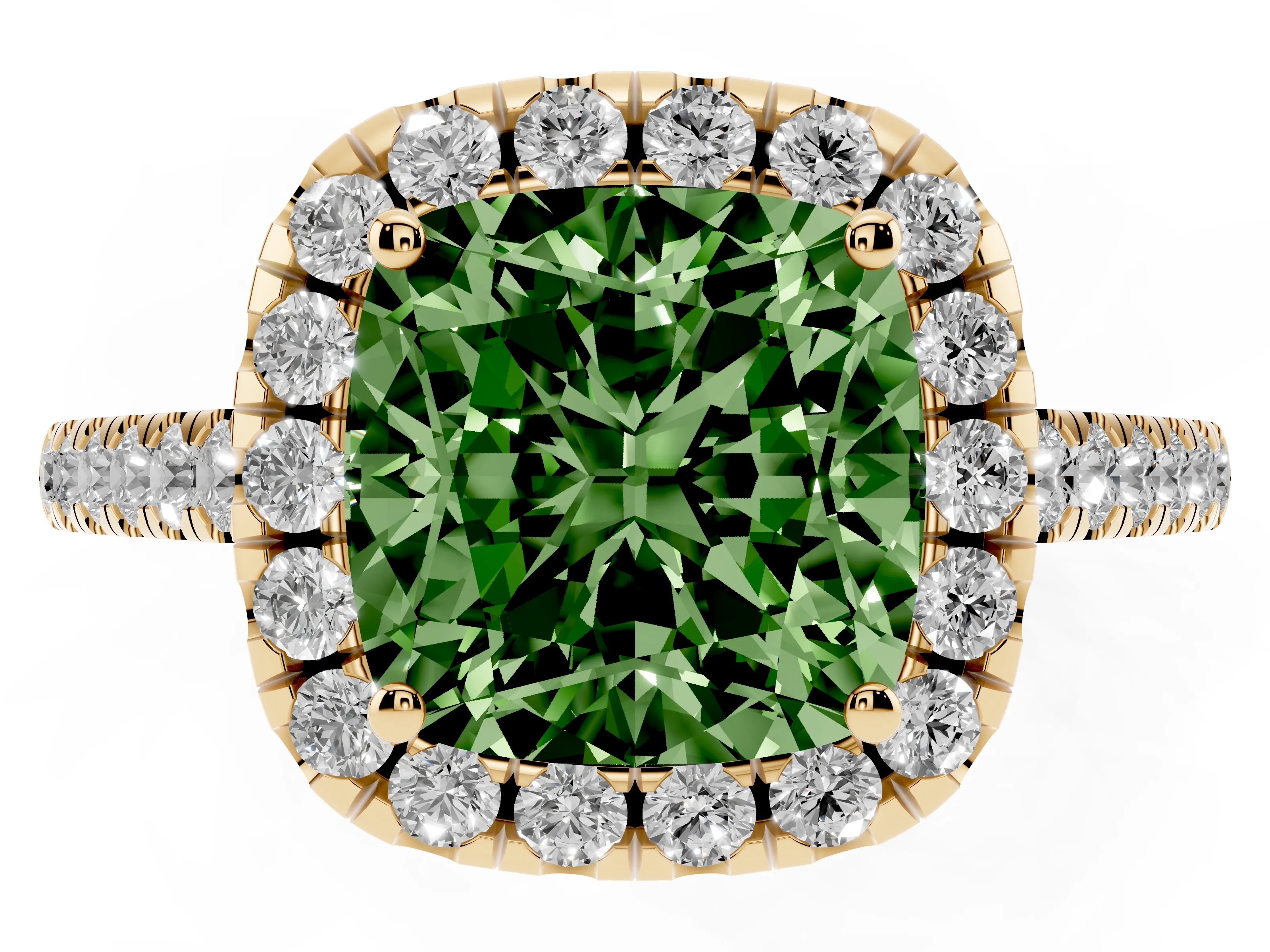 Fancy Green Cushion Cut Diamond Pavé Halo Engagement Ring Set in Yellow gold with Pavé Band and Prong Setting