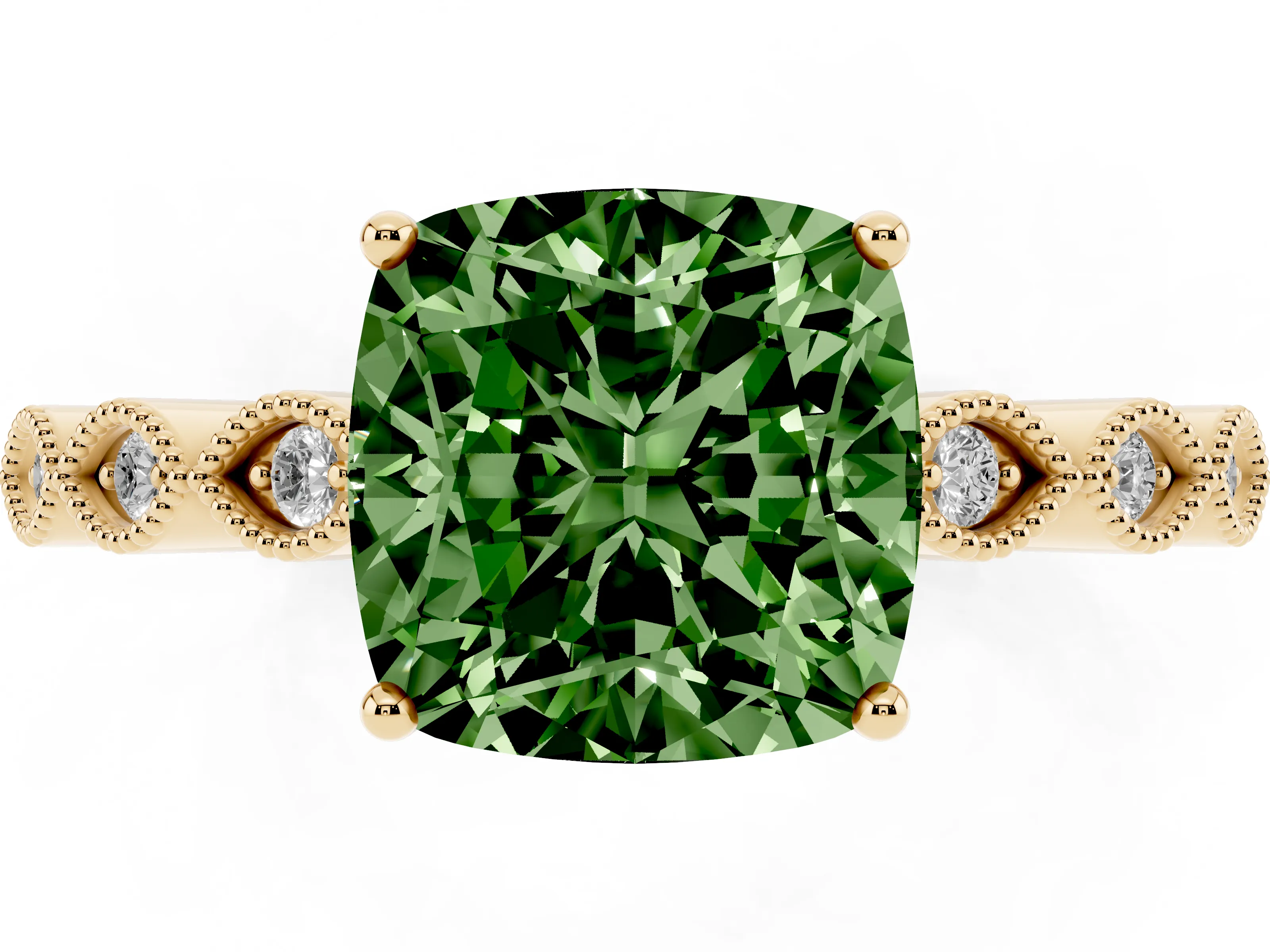 Fancy Green Cushion Cut Diamond Solitaire Ring Set in Yellow gold with Infinity Twist Pavé Band