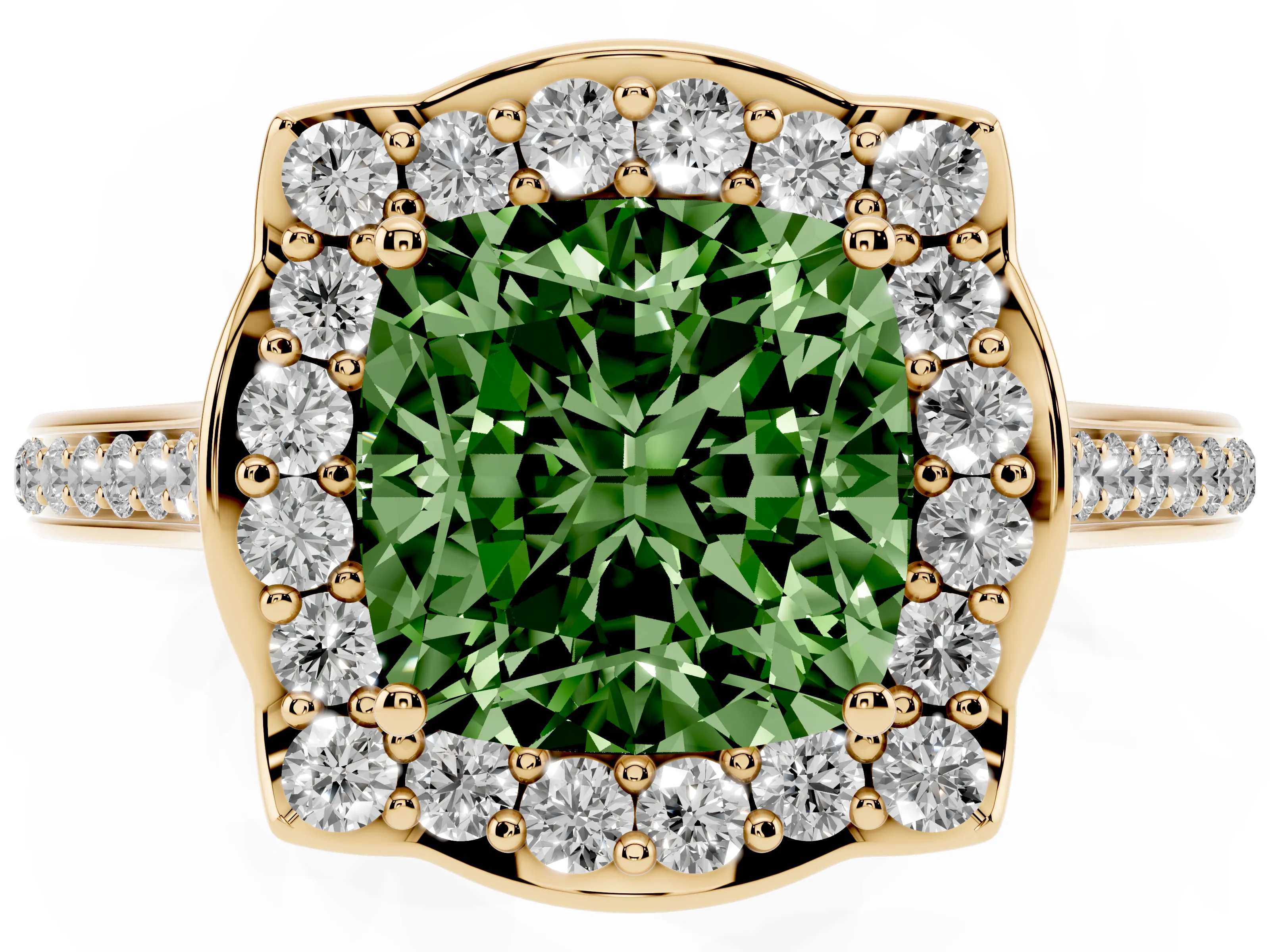 Fancy Green Cushion Cut Diamond Halo Ring Set in Yellow gold with Pavé-Lined Shoulders and Prong Setting