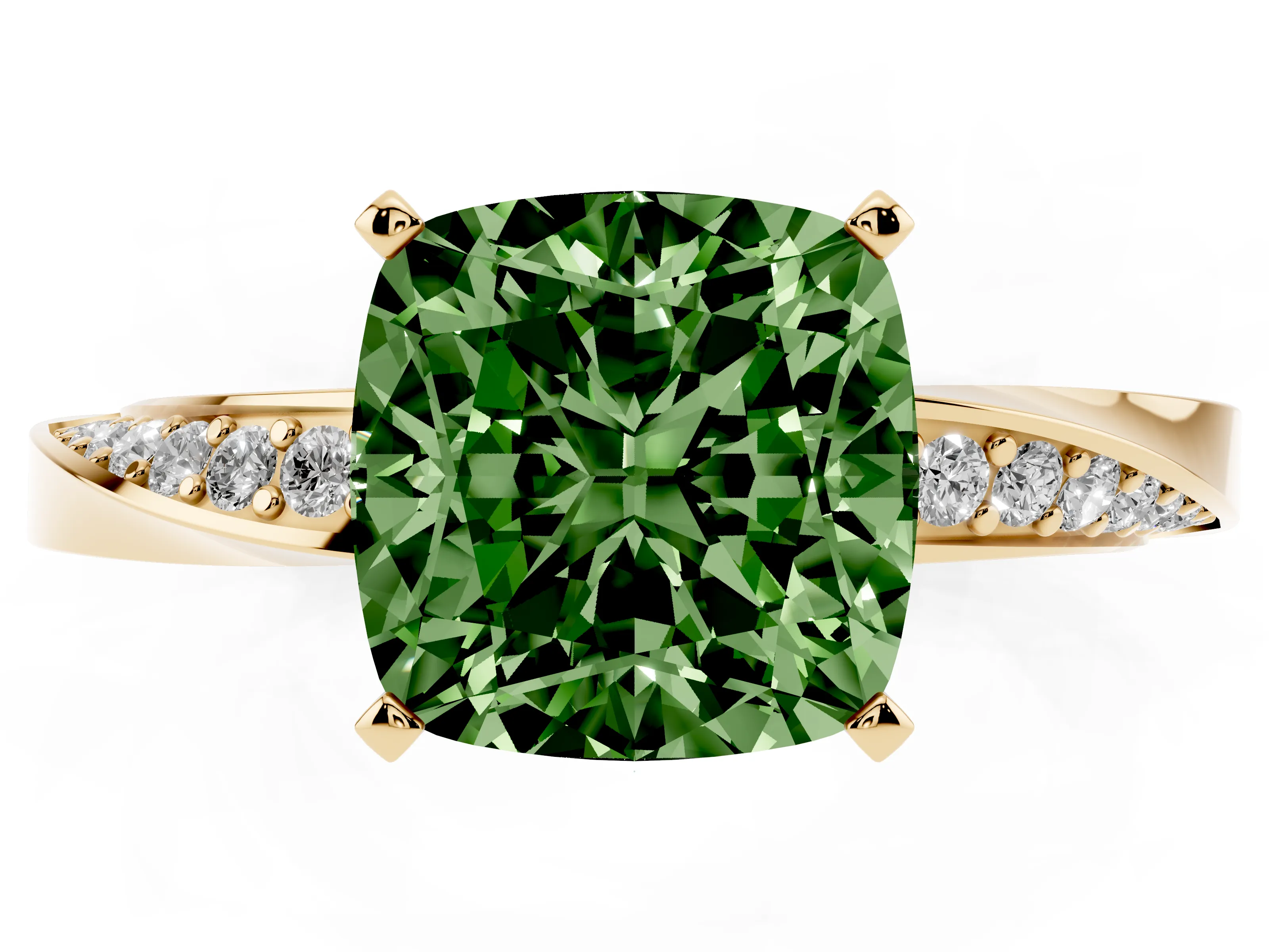 Fancy Green Cushion Cut Diamond Engagement Ring Set in Yellow gold with Side Stone Accents and Prong Setting