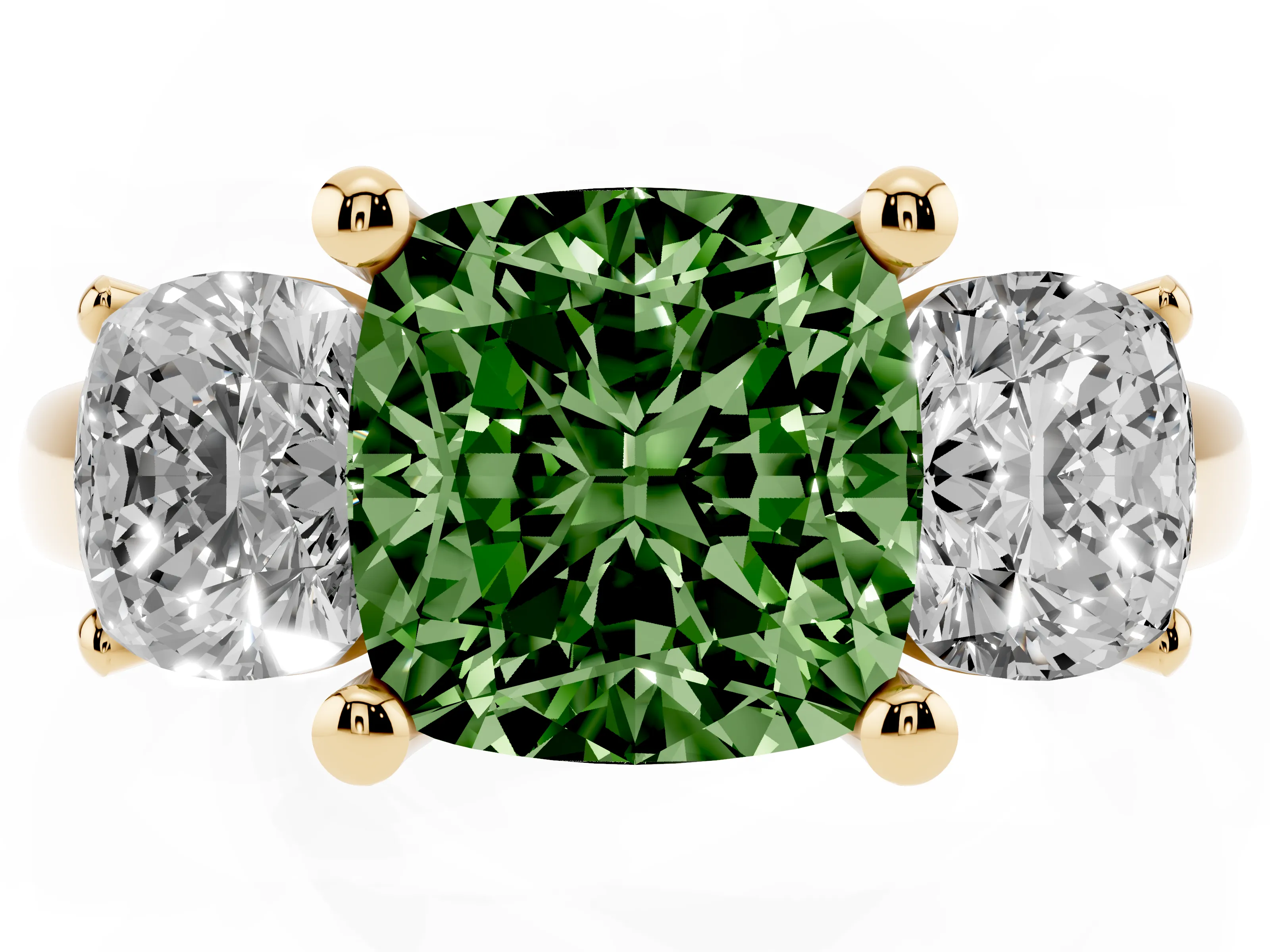 Fancy Green Cushion Cut Diamond Three-Stone Ring Set in Yellow gold with Classic Prong Setting and Plain Band