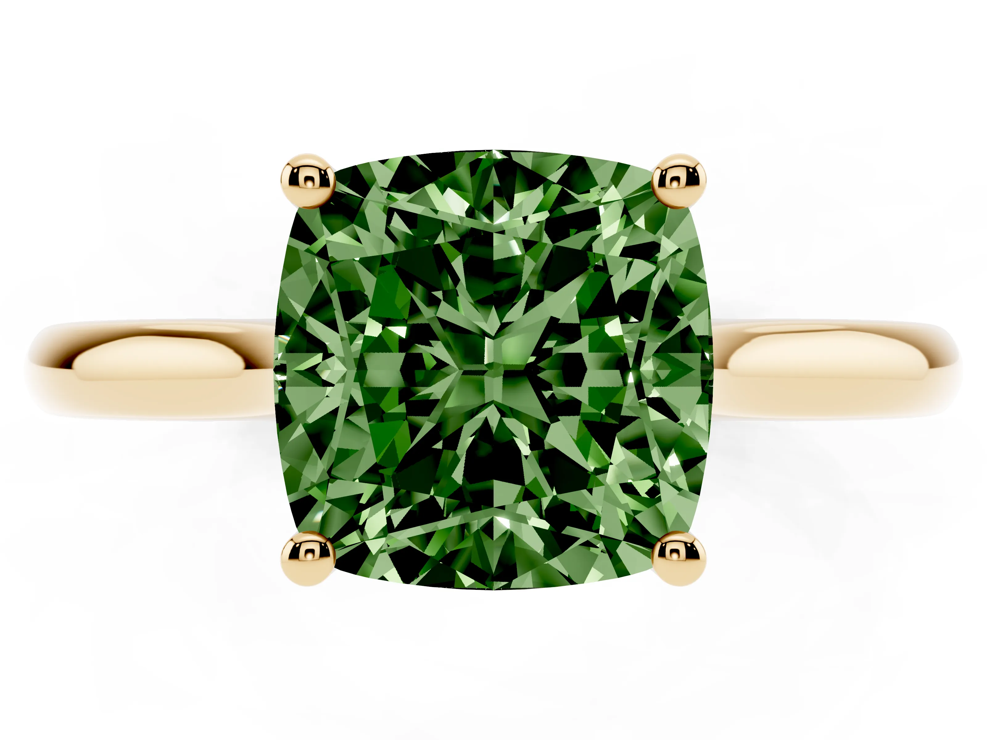 Fancy Green Cushion Cut Diamond Solitaire Ring Set in Yellow gold with Cathedral Band and Prong Setting