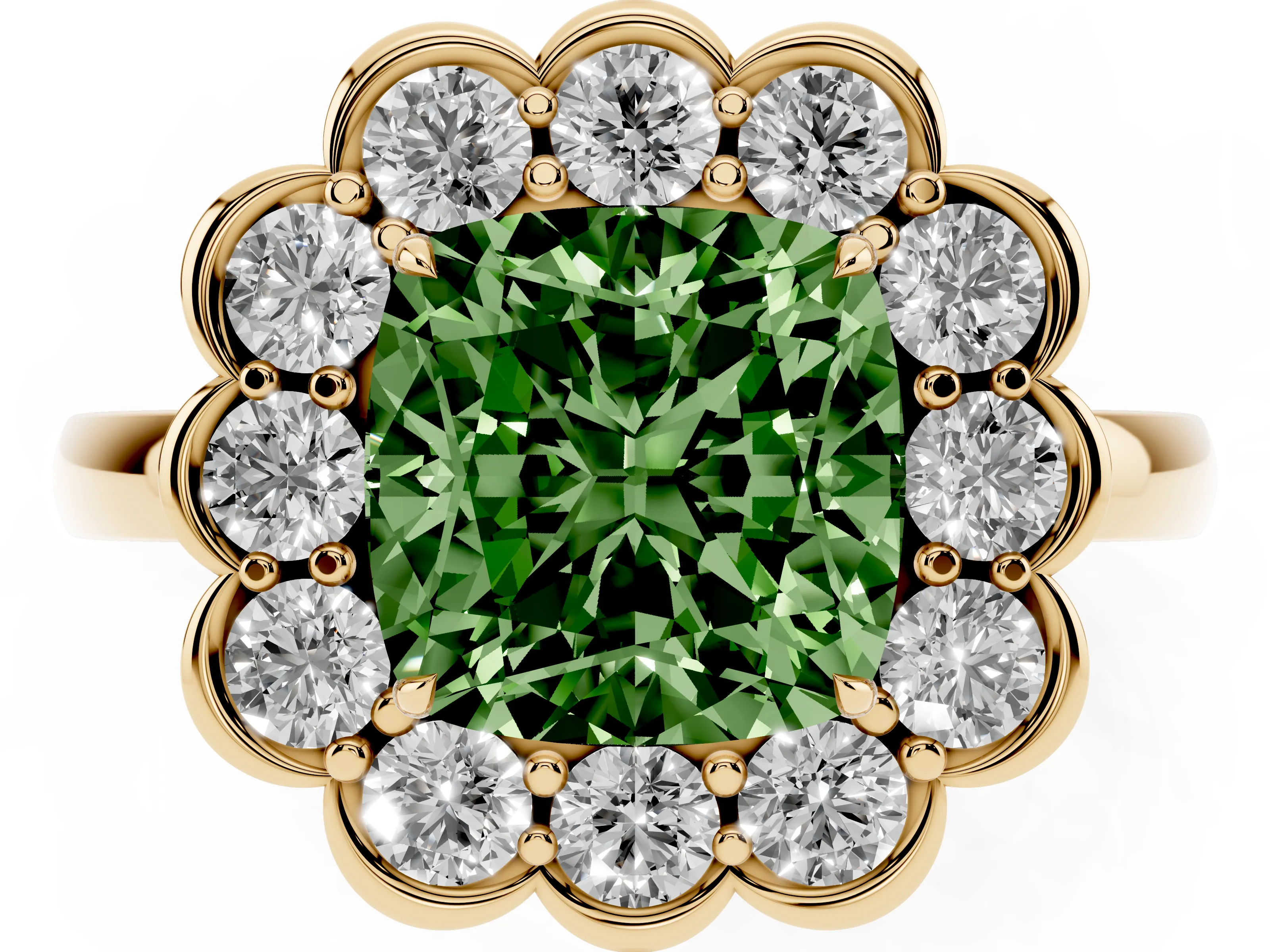 Fancy Green Cushion Cut Diamond Halo Cluster Engagement Ring Set in Yellow gold with Solitaire Band and Prong Setting