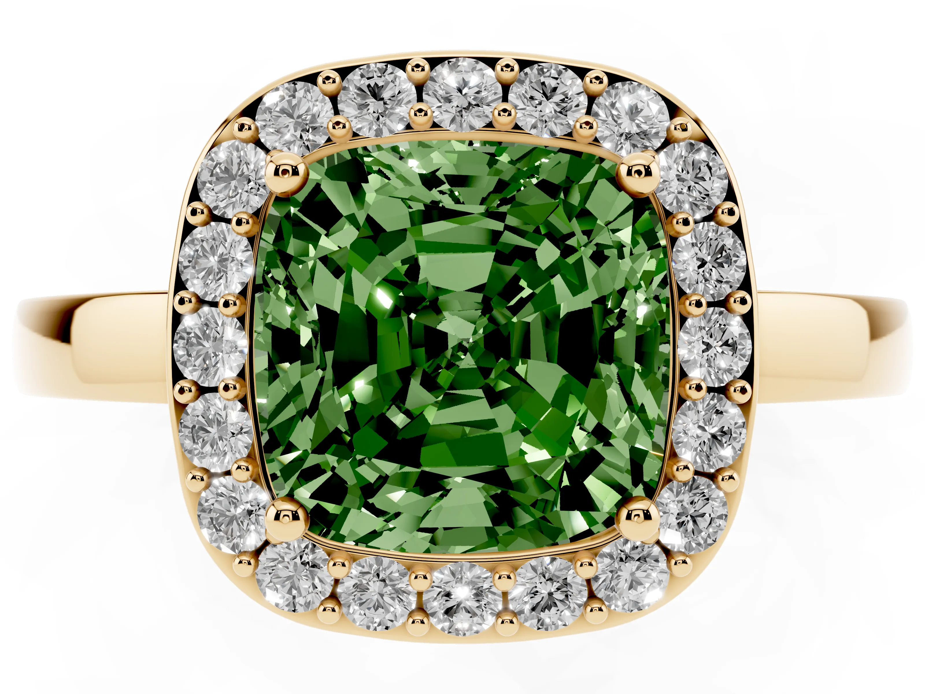 Fancy Green Cushion Cut Diamond Halo Ring Set in Yellow gold with Solitaire Band and Prong Setting