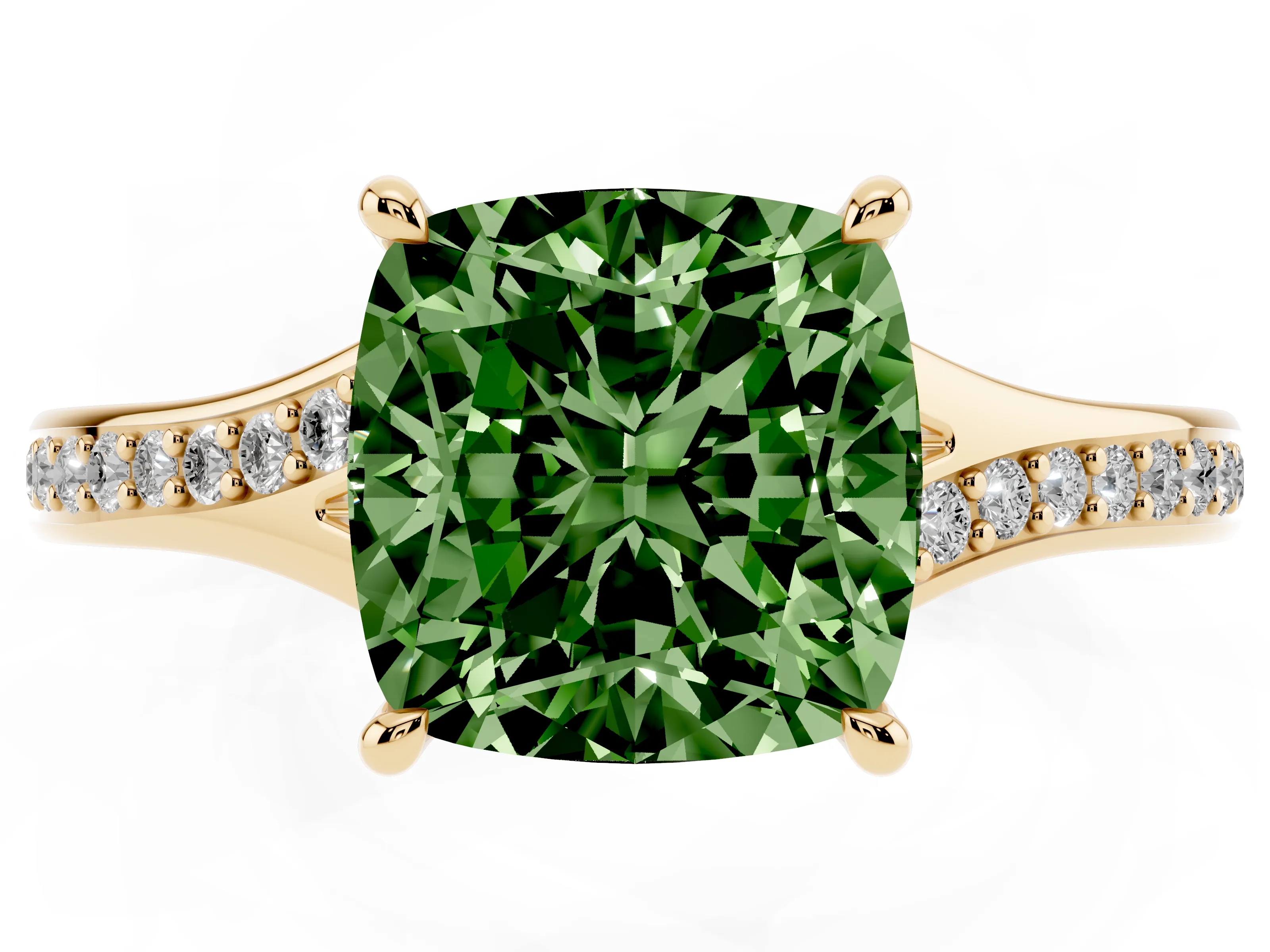 Fancy Green Cushion Cut Diamond Solitaire Ring Set in Yellow gold with Pavé Accent Band and Classic Prong Setting