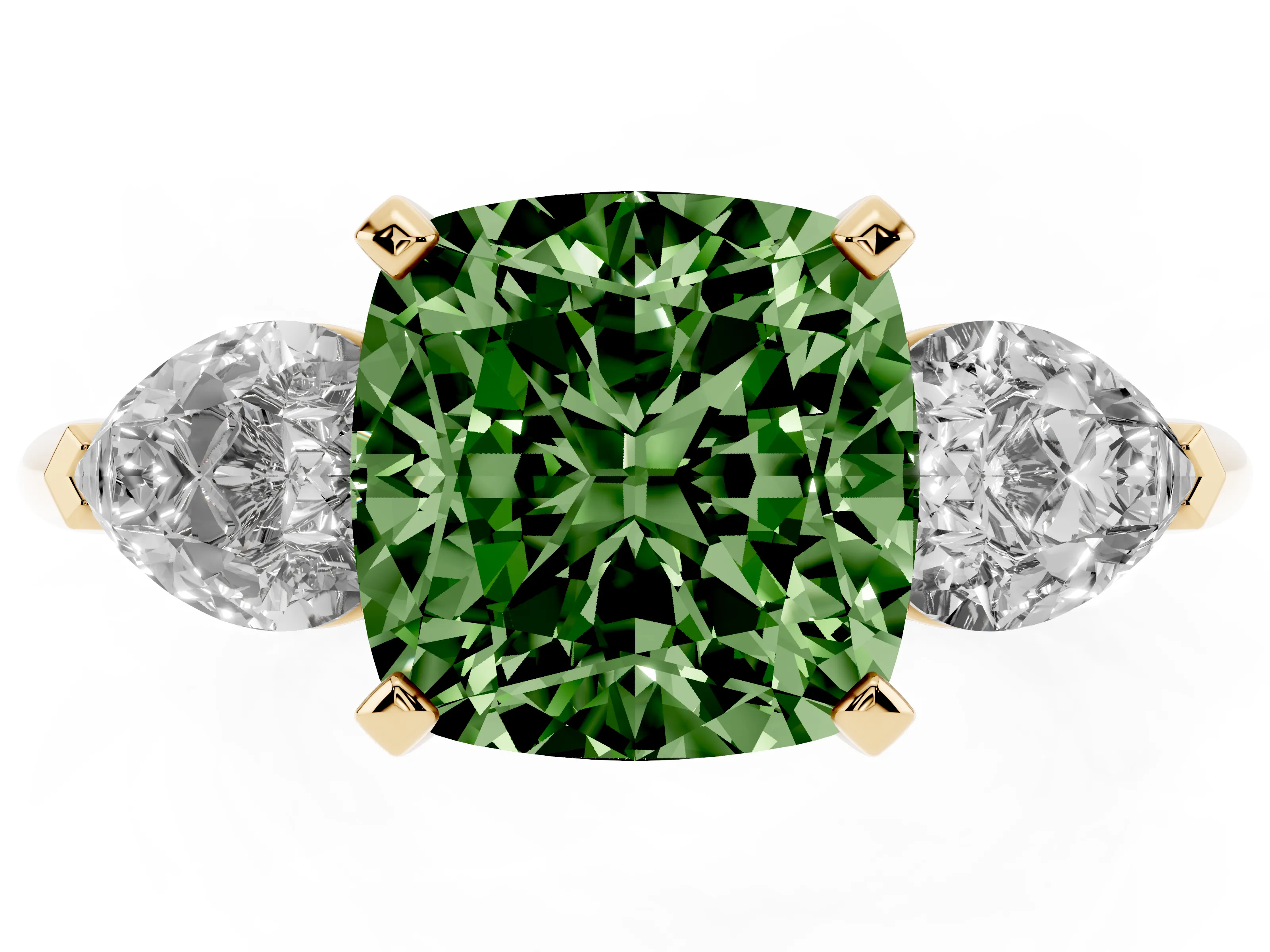Fancy Green Three-Stone Cushion Cut Diamond Ring Set in Yellow gold with Pear Side Stones and Prong Setting