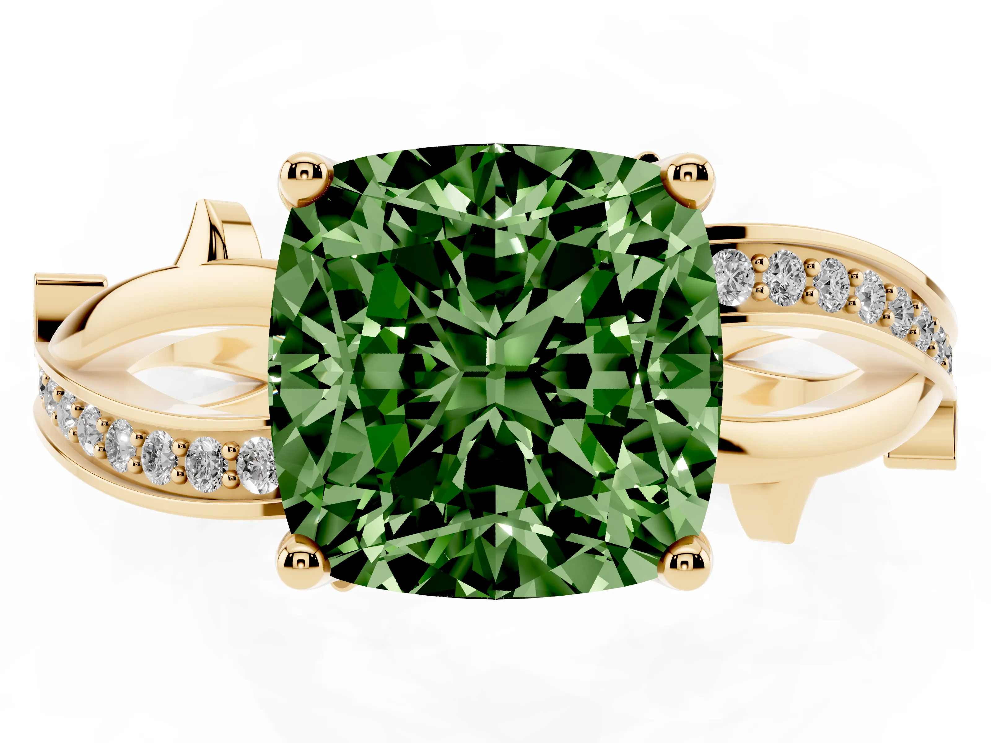 Fancy Green Cushion Cut Diamond Pavé Twist Band Solitaire Ring Set in Yellow gold with Prong Setting