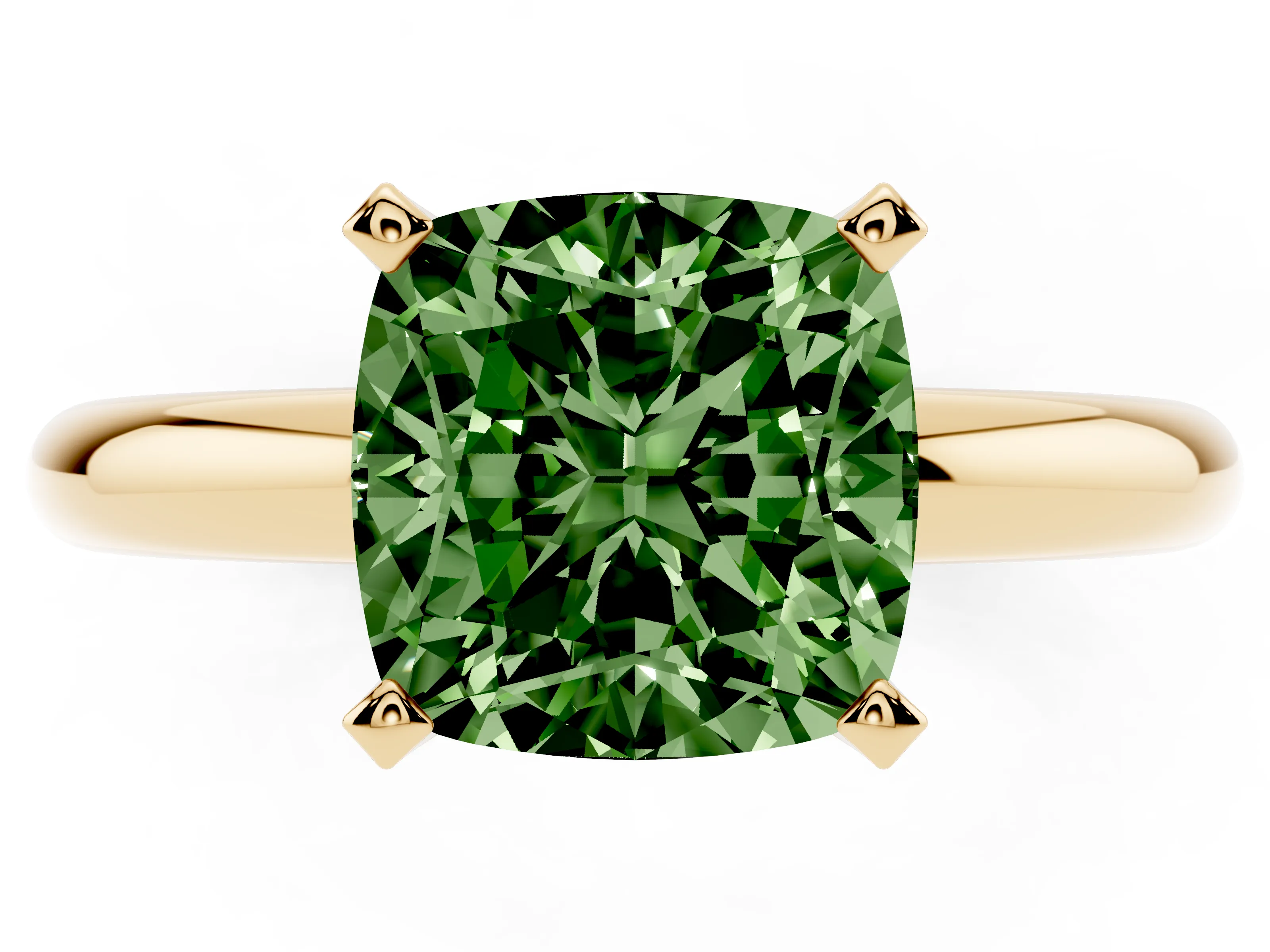 Fancy Green Cushion Cut Diamond Solitaire Engagement Ring Set in Yellow gold with Round Band and Prong Setting