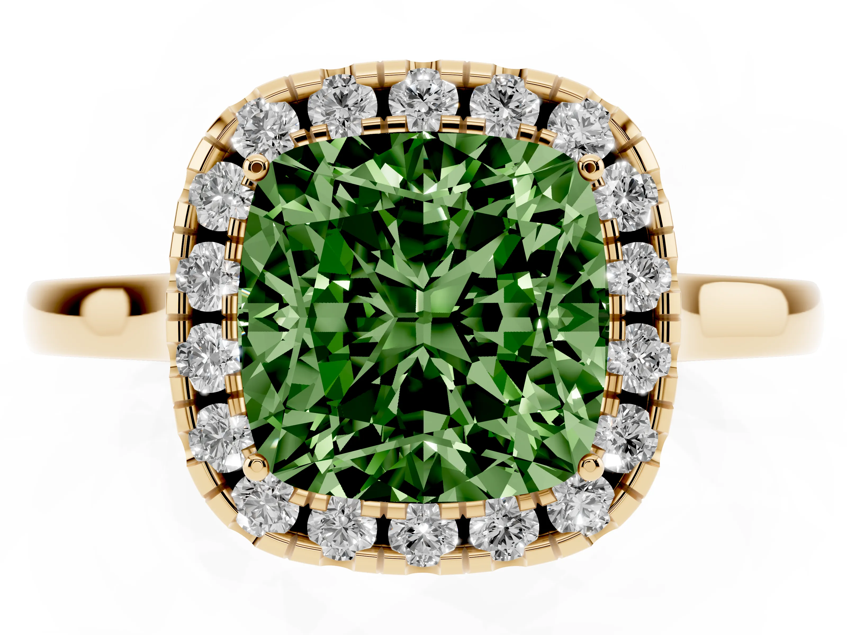 Fancy Green Cushion Cut Halo Round Diamond Solitaire Ring Set in Yellow gold with Pavé Band and Prong Setting