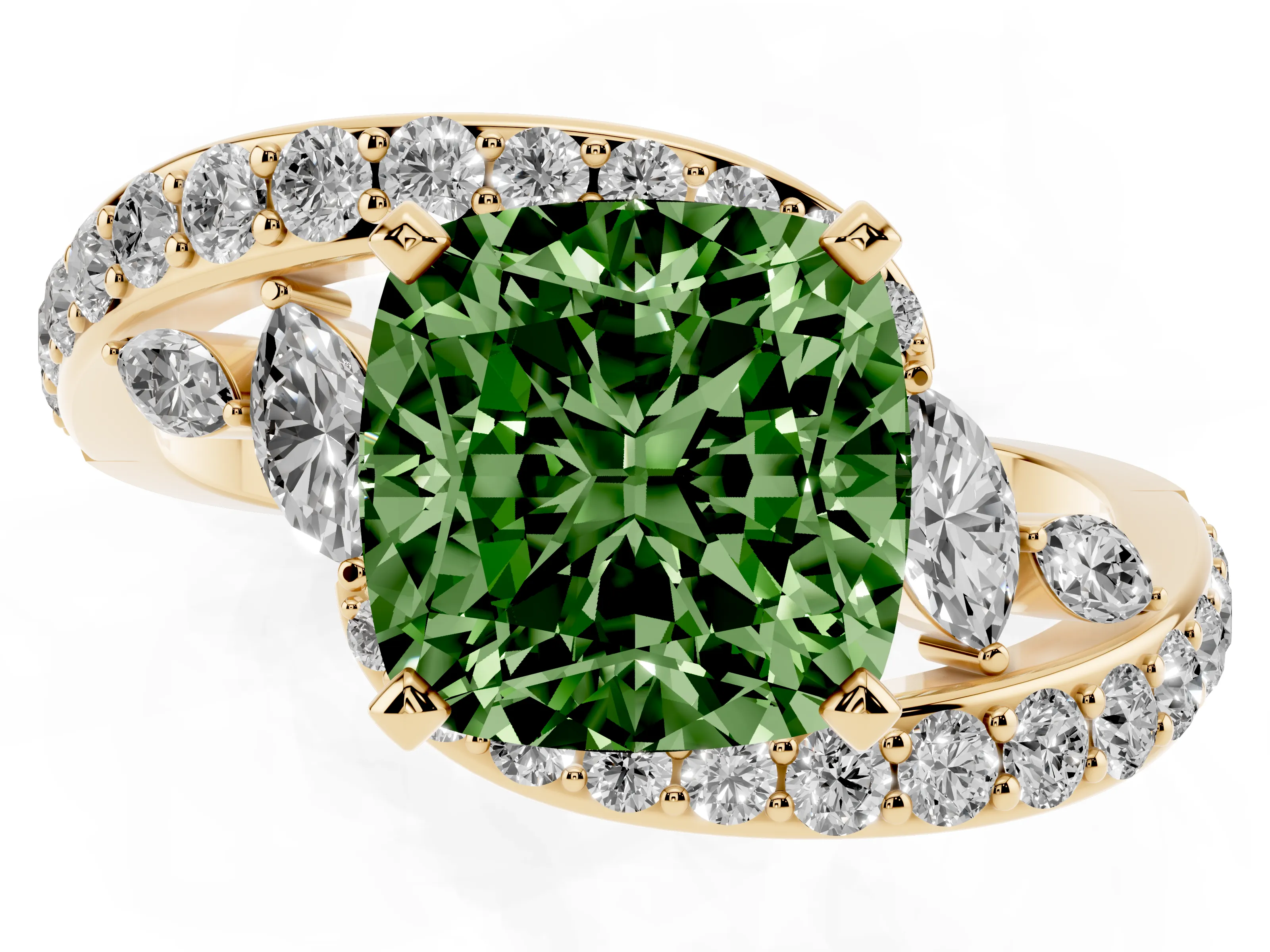 Fancy Green Cushion Cut Diamond Solitaire Ring Set in Yellow gold with Filigree Band and Prong Setting