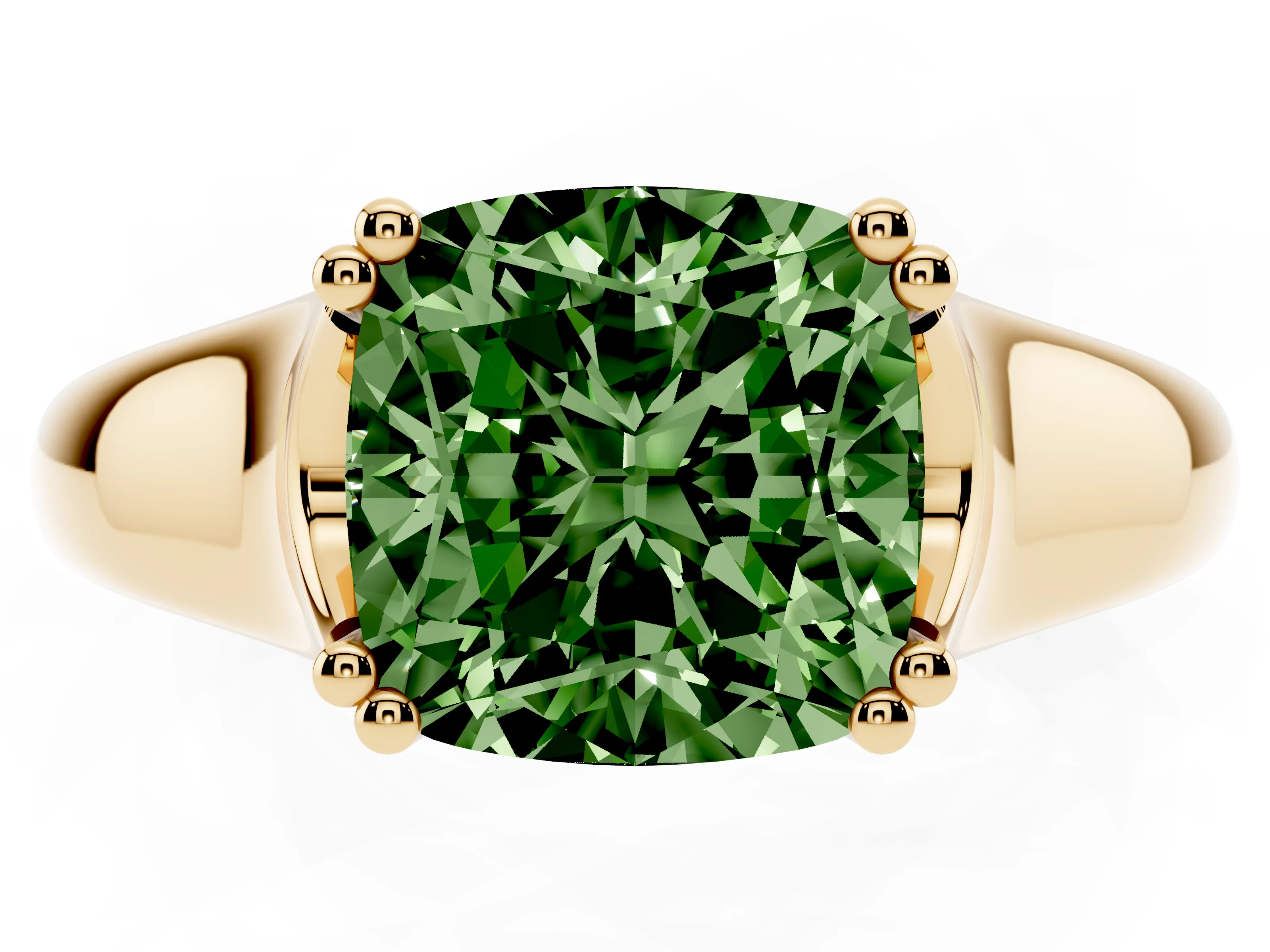 Fancy Green Cushion Cut Diamond Solitaire Ring Set in Yellow gold with Wide Band and Prong Setting