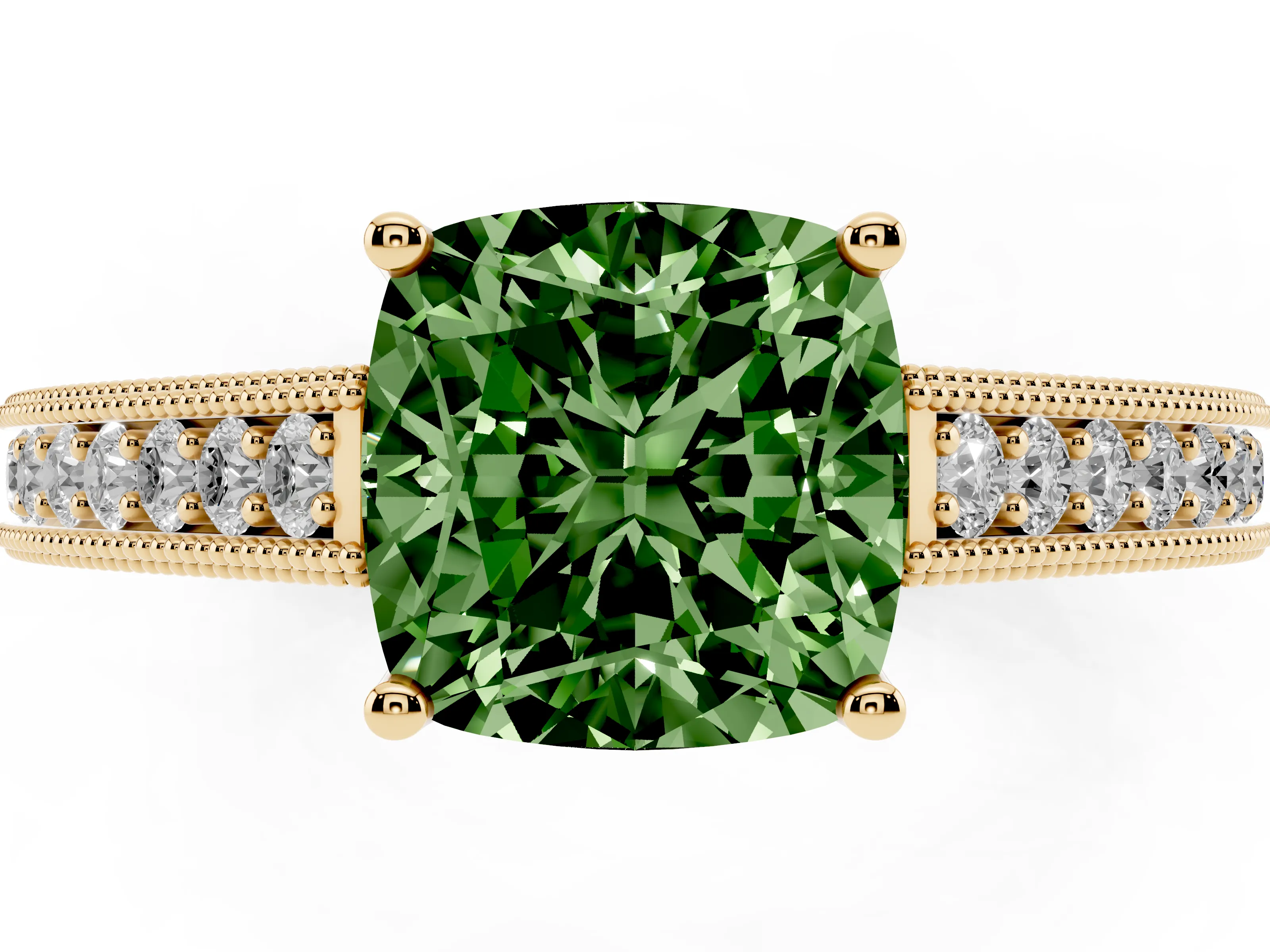Fancy Green Cushion Cut Diamond Milgrain Pavé Band Solitaire Ring Set in Yellow gold with Prong Setting