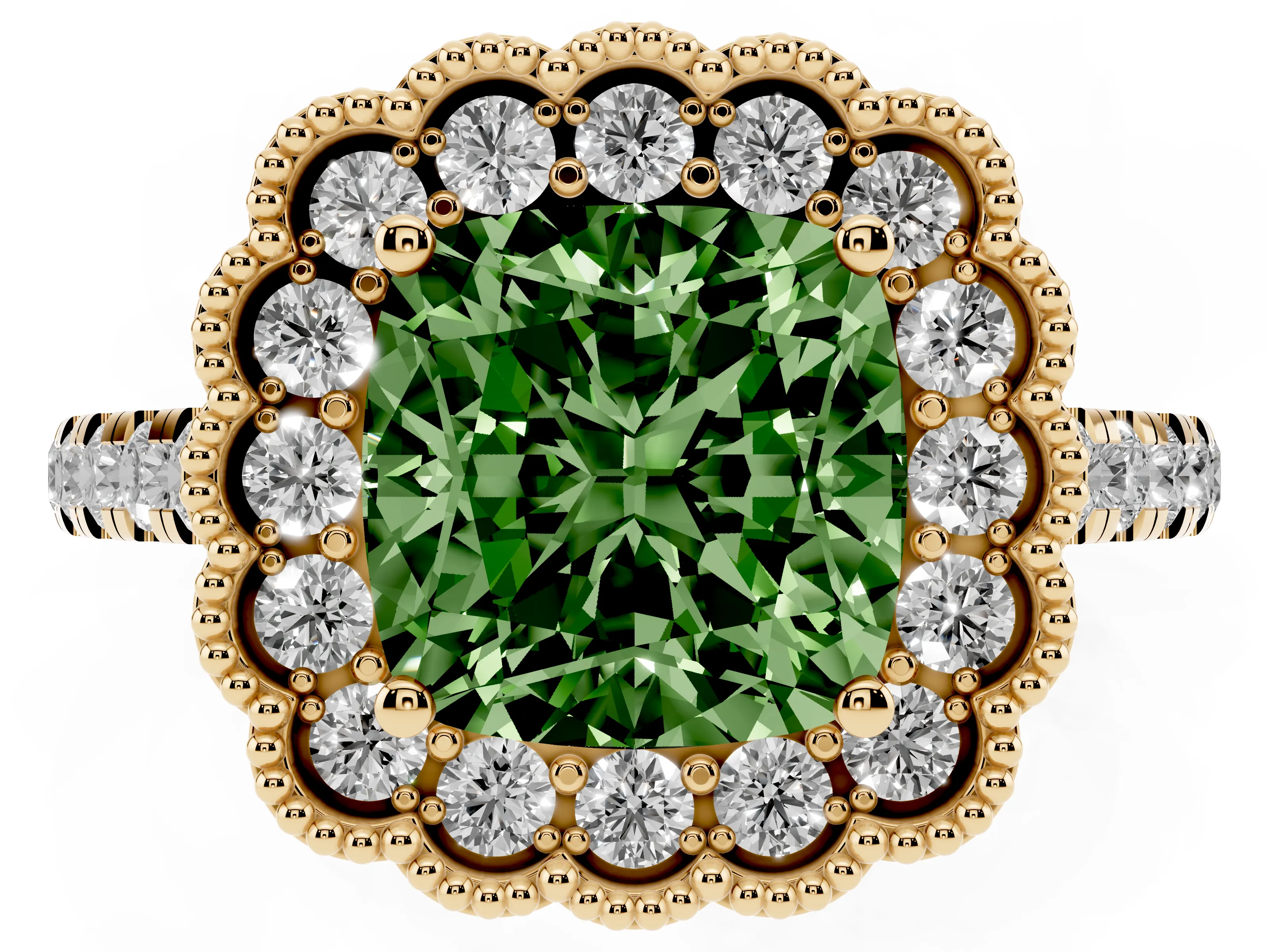 Fancy Green Cushion Cut Diamond Milgrain Floral Halo Engagement Ring Set in Yellow gold with Pavé Band