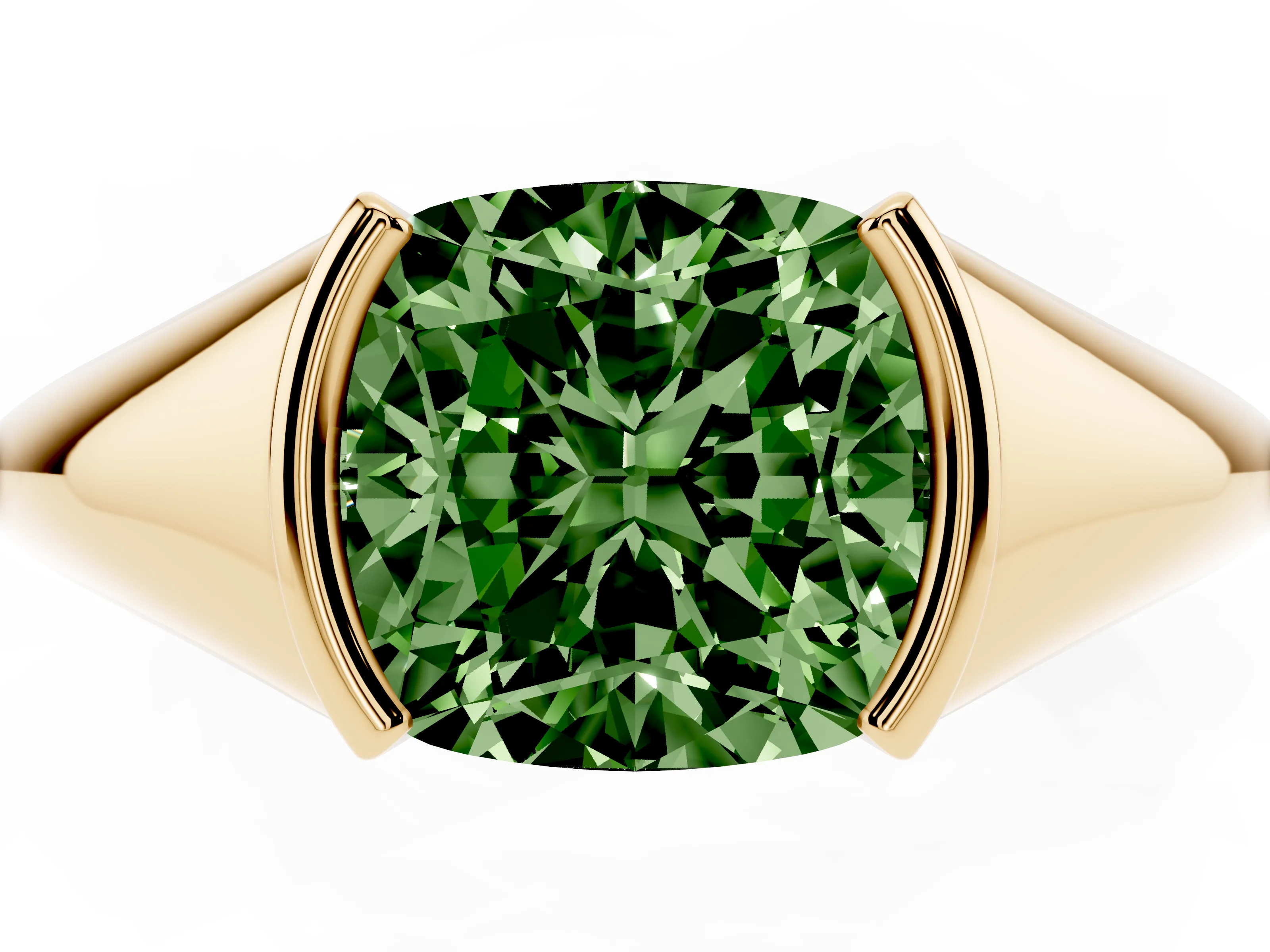 Fancy Green Cushion Cut Diamond Solitaire Tension Set Ring Set in Yellow gold