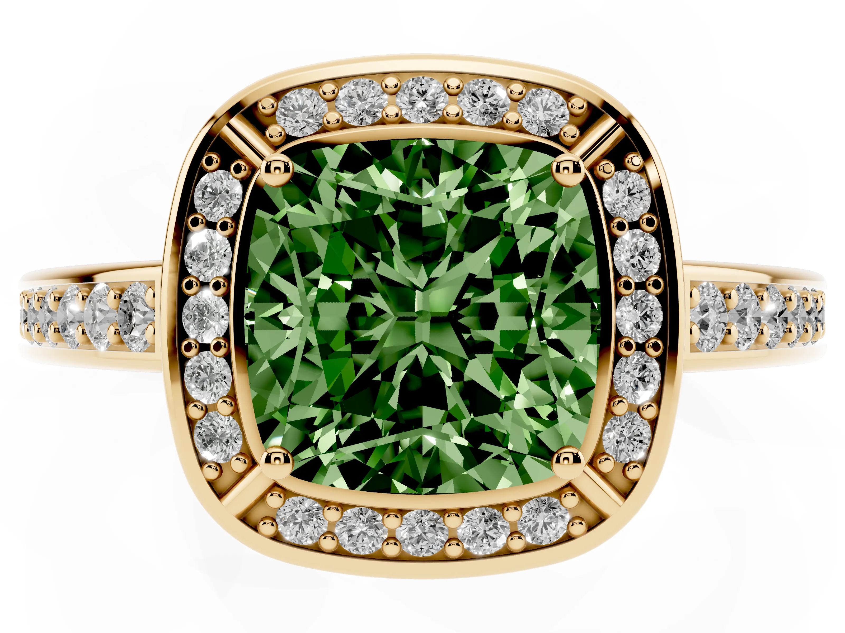 Fancy Green Cushion Cut Diamond Halo Pavé Split Shank Ring Set in Yellow gold with Prong Setting