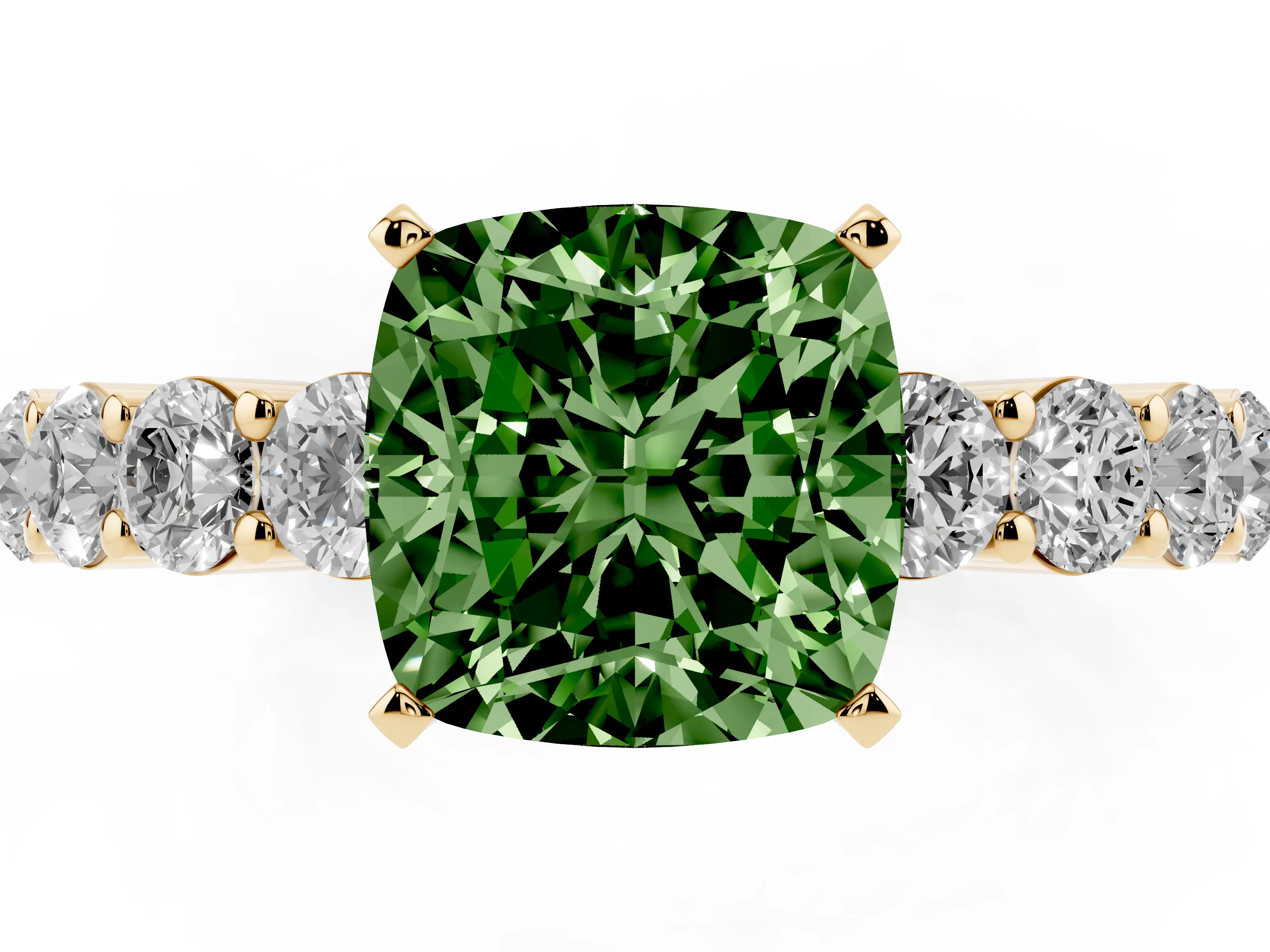 Fancy Green Cushion Cut Diamond Solitaire Ring Set in Yellow gold with Shared Prong Round Side Stones