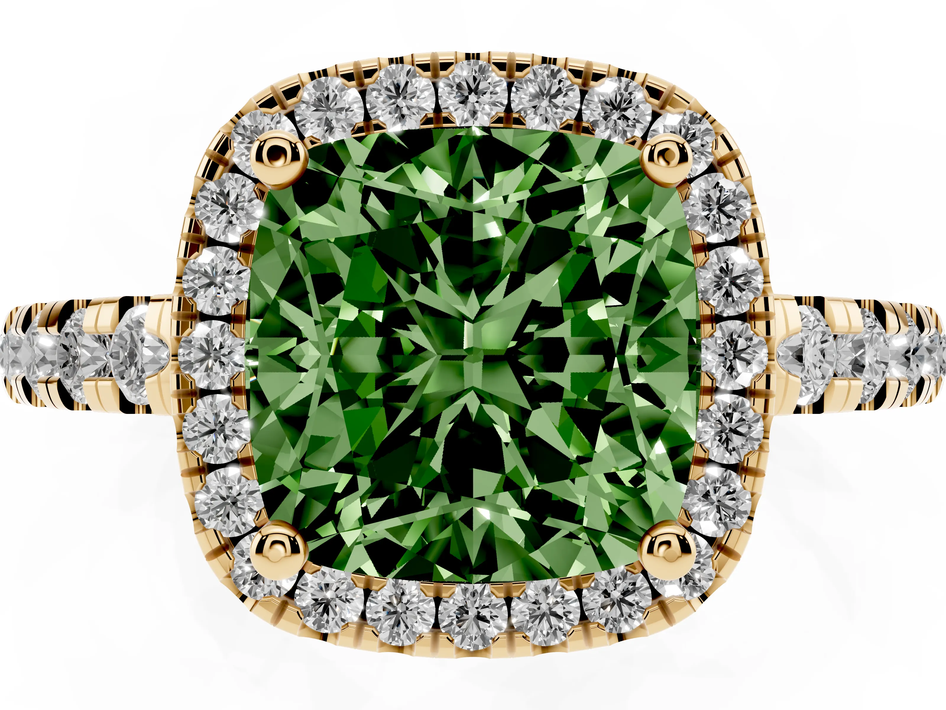 Fancy Green Cushion Cut Diamond Halo Ring Set in Yellow gold with Delicate Pavé Band and Prong Setting