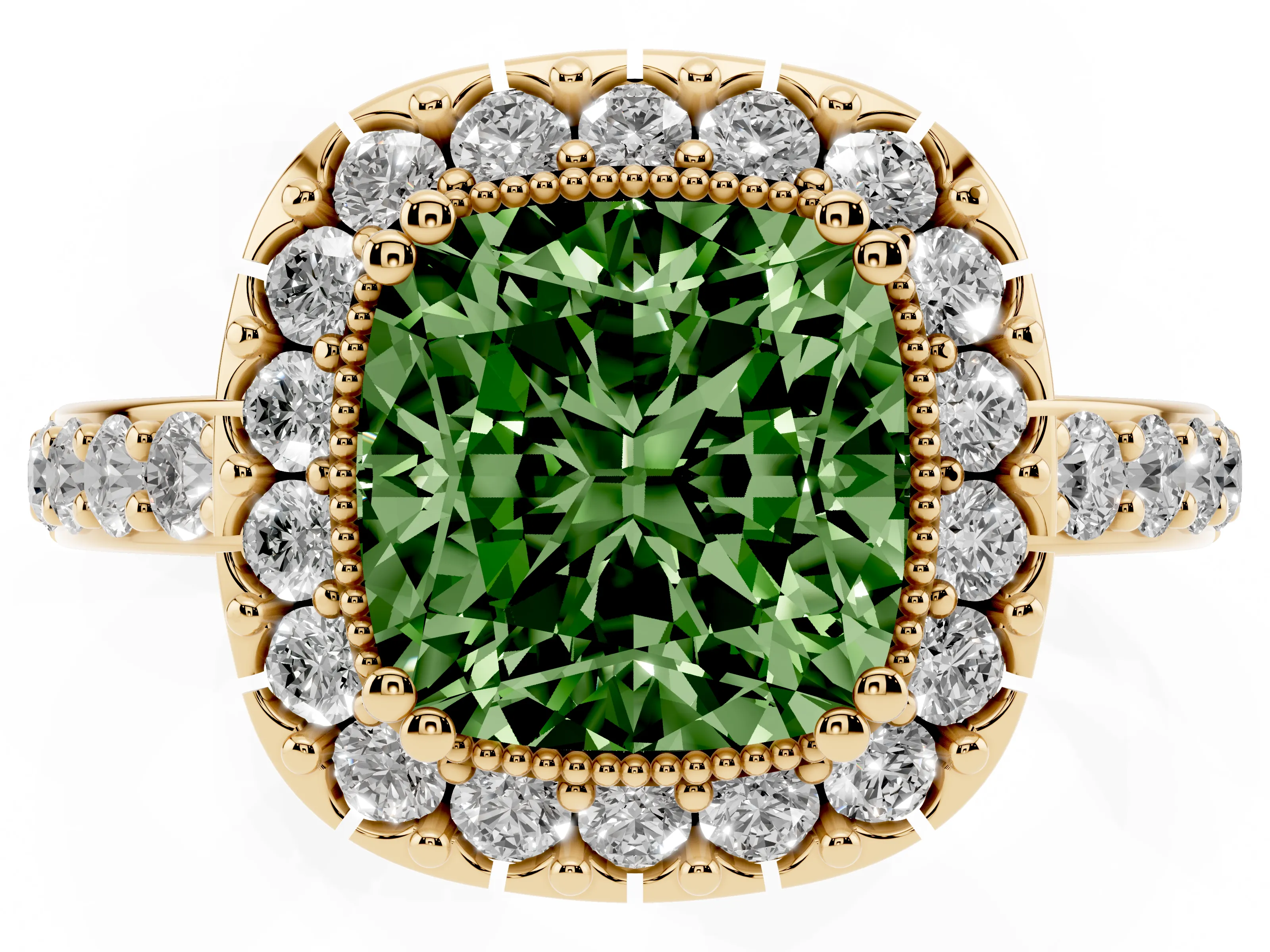 Fancy Green Cushion Cut Diamond Halo Ring Set in Yellow gold with Pavé Shank and Prong Setting