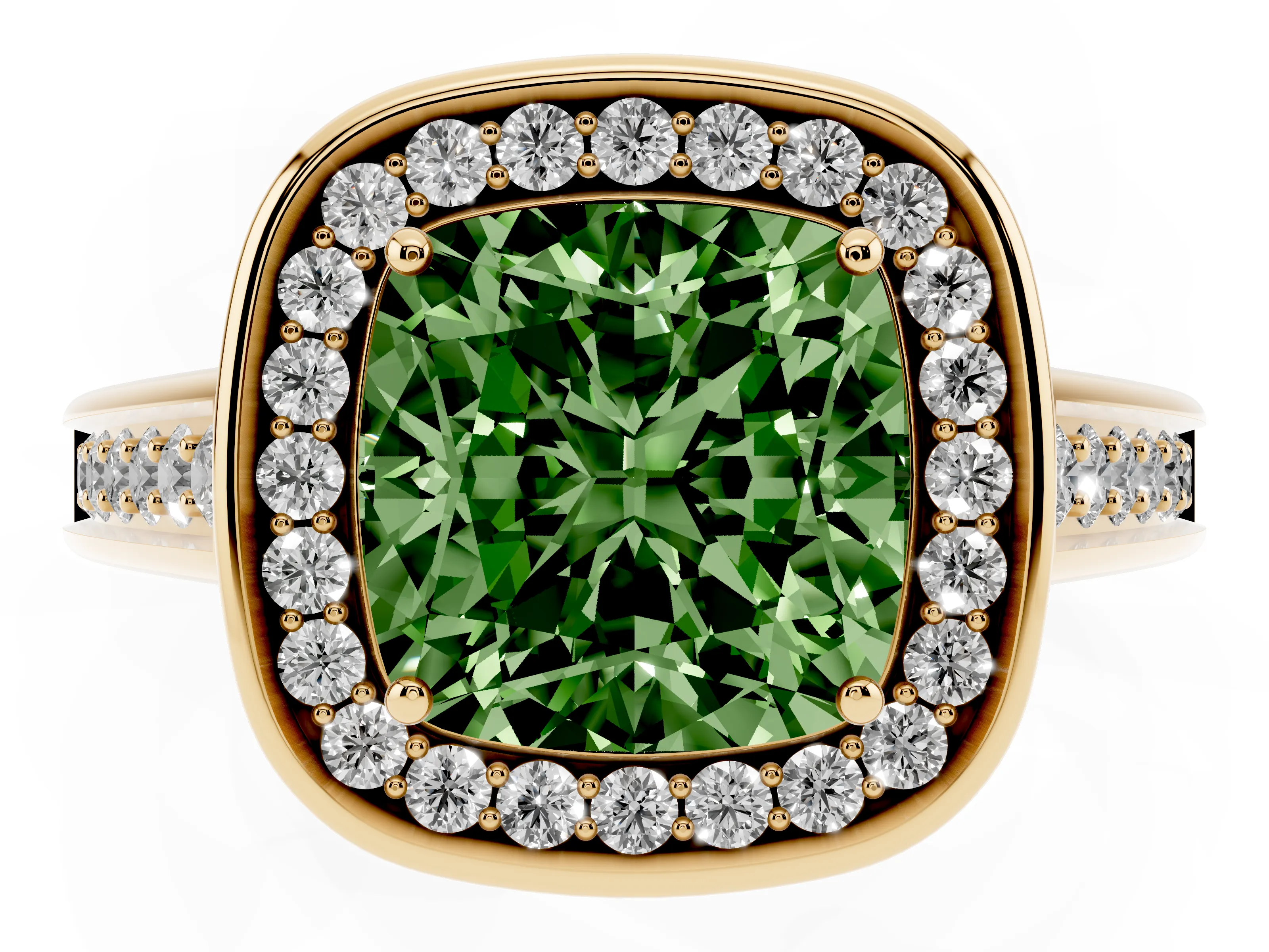 Fancy Green Cushion Cut Diamond Halo Solitaire Ring Set in Yellow gold with Pavé Band and Bezel Setting
