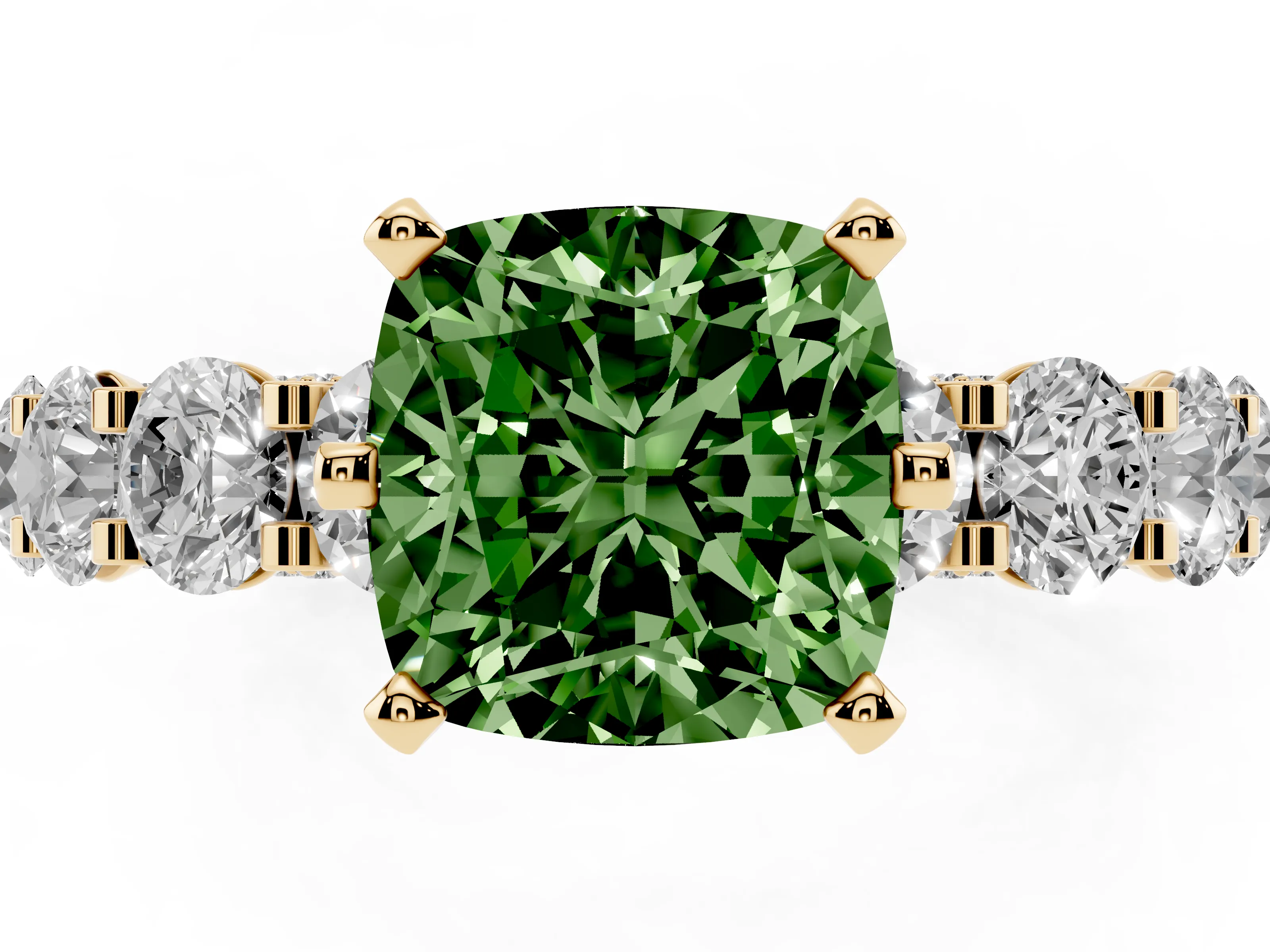 Fancy Green Cushion Cut Diamond Side Stone Ring Set in Yellow gold with Alternating Round and Oval Side Stones