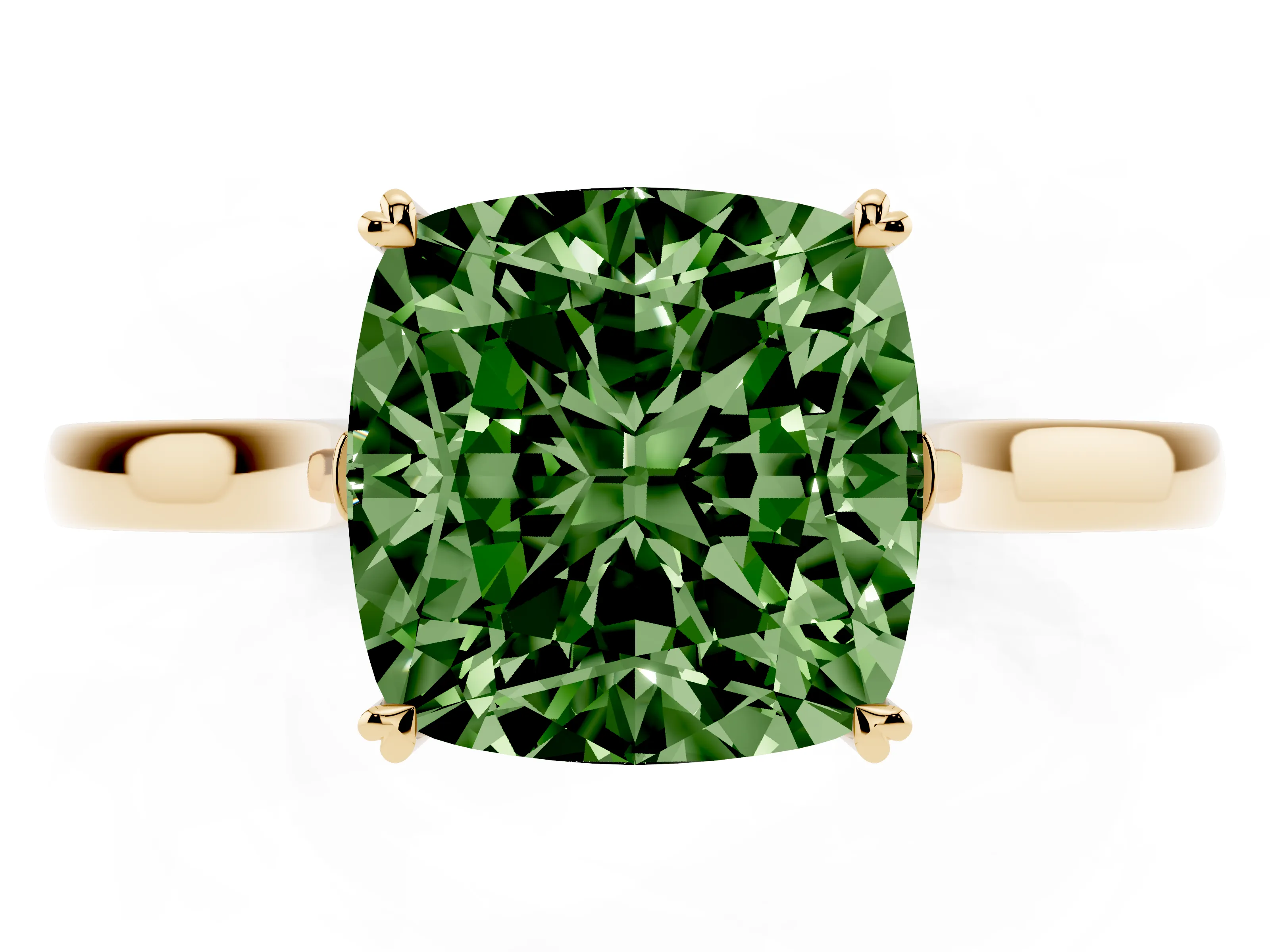 Fancy Green Cushion Cut Diamond Solitaire Heart Prong Engagement Ring Set in Yellow gold with Tapered Band