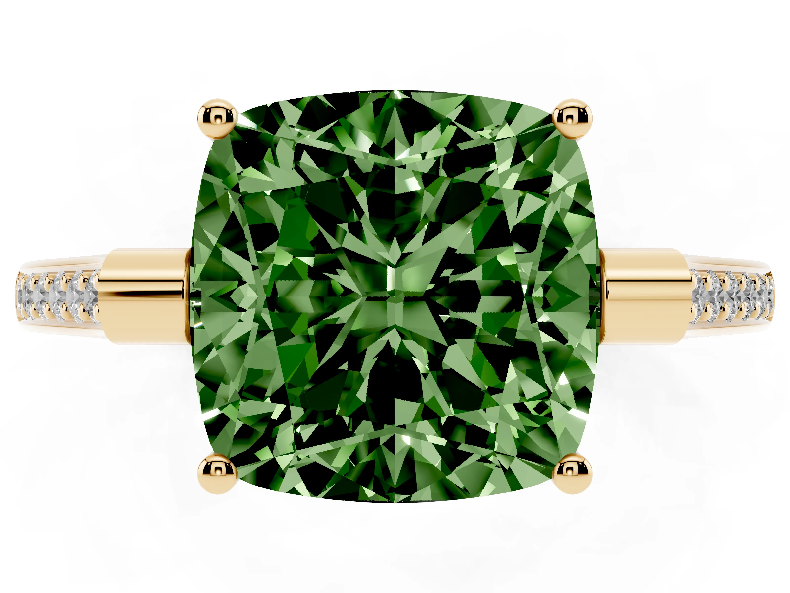 Fancy Green Cushion Cut Diamond Solitaire Ring Set in Yellow gold with Channel Set Band and Bezel Prong Setting