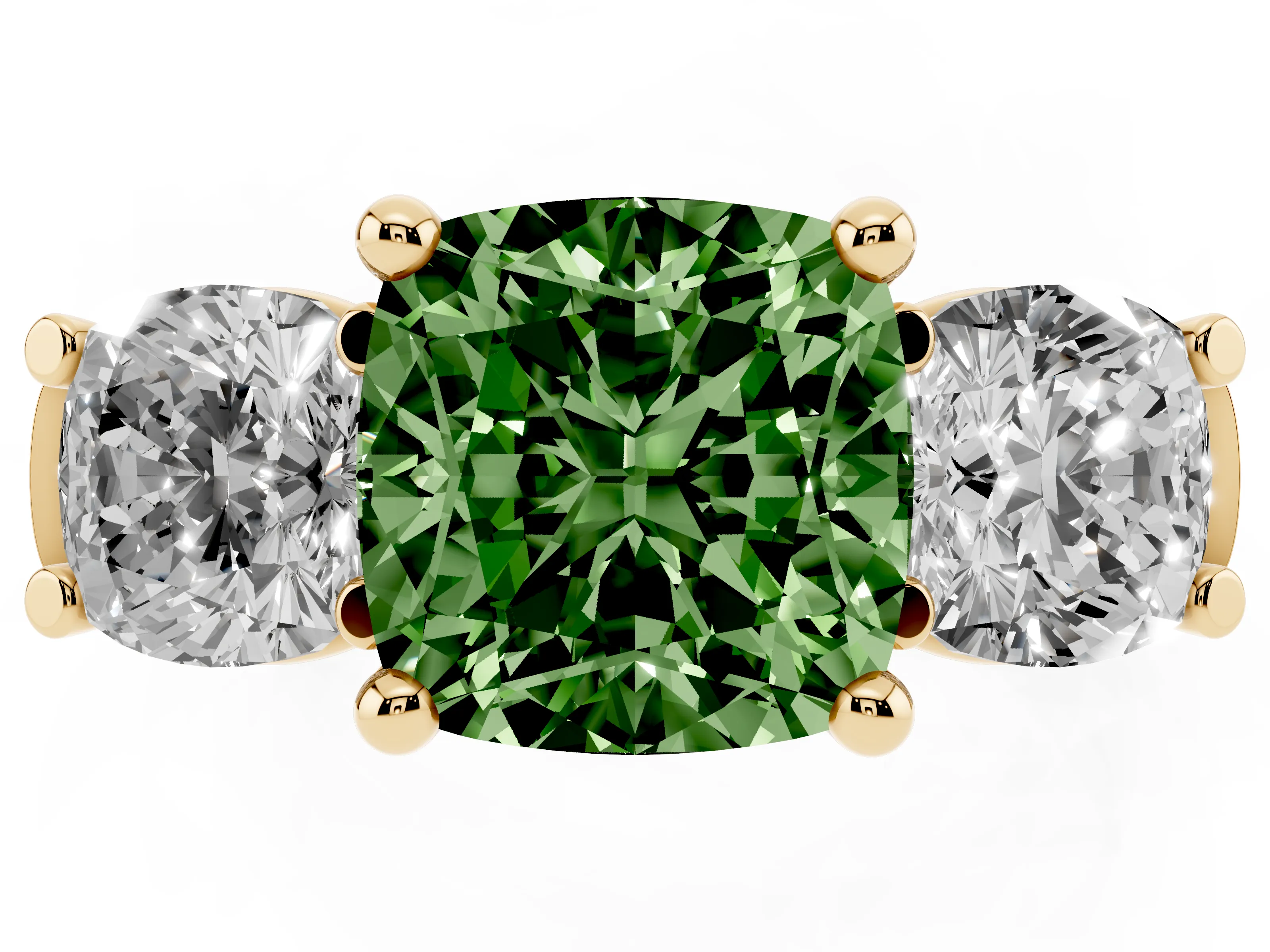 Fancy Green Cushion Cut Diamond Three-Stone Trellis Ring Set in Yellow gold with Comfort Fit Band