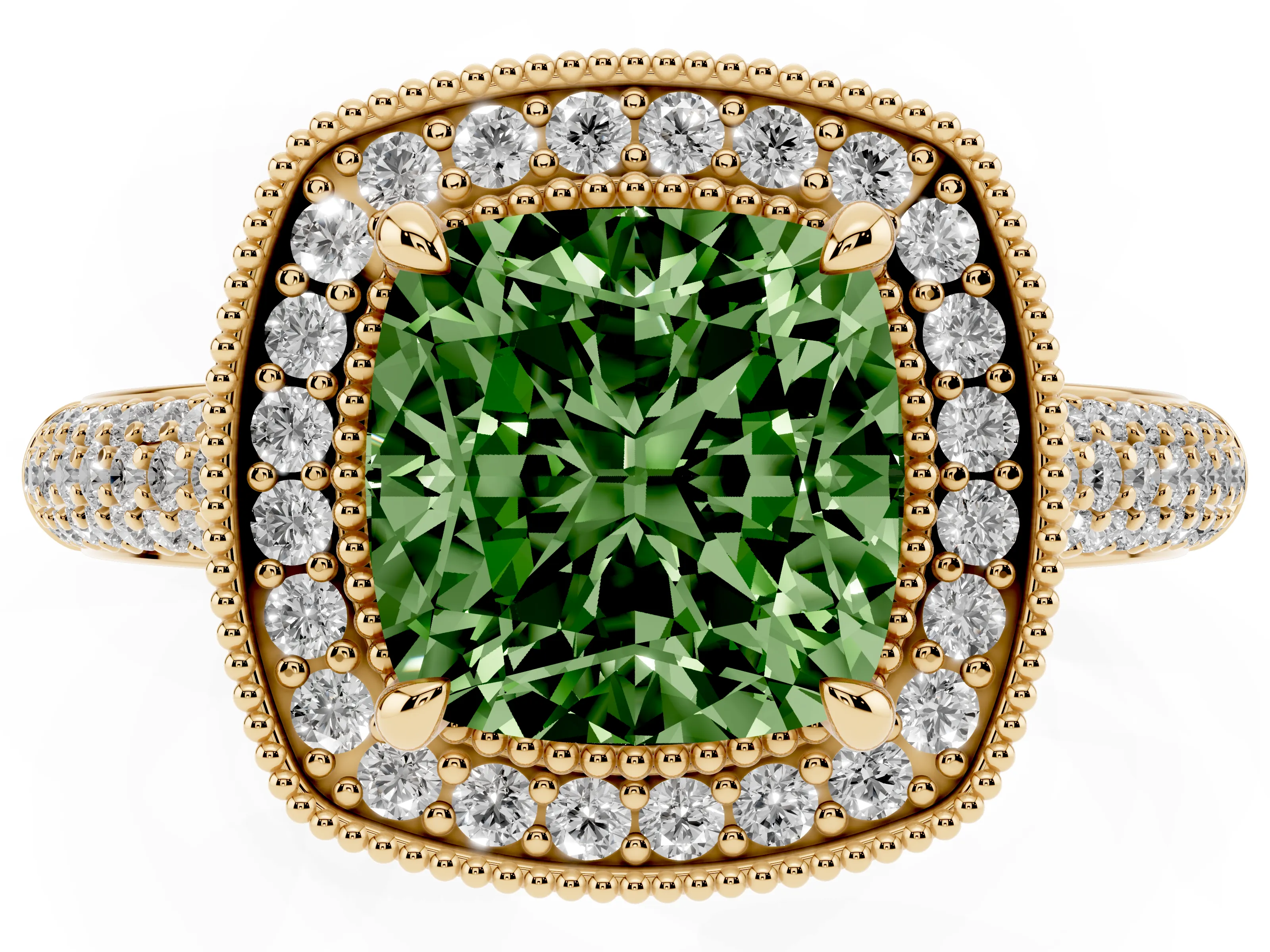 Fancy Green Cushion Cut Diamond Halo Pavé Band Set in Yellow gold with Prong Setting