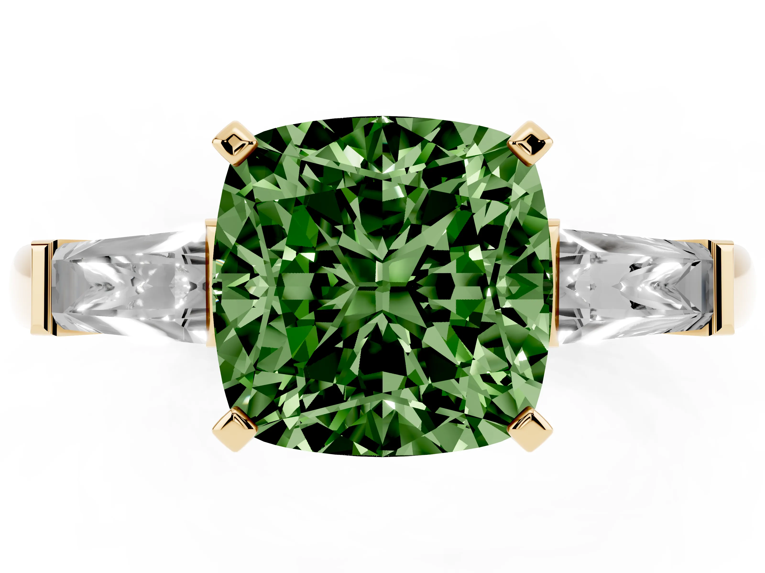 Fancy Green Cushion Cut Diamond Solitaire Ring Set in Yellow gold with Tapered Baguette Side Stones and Prong Setting
