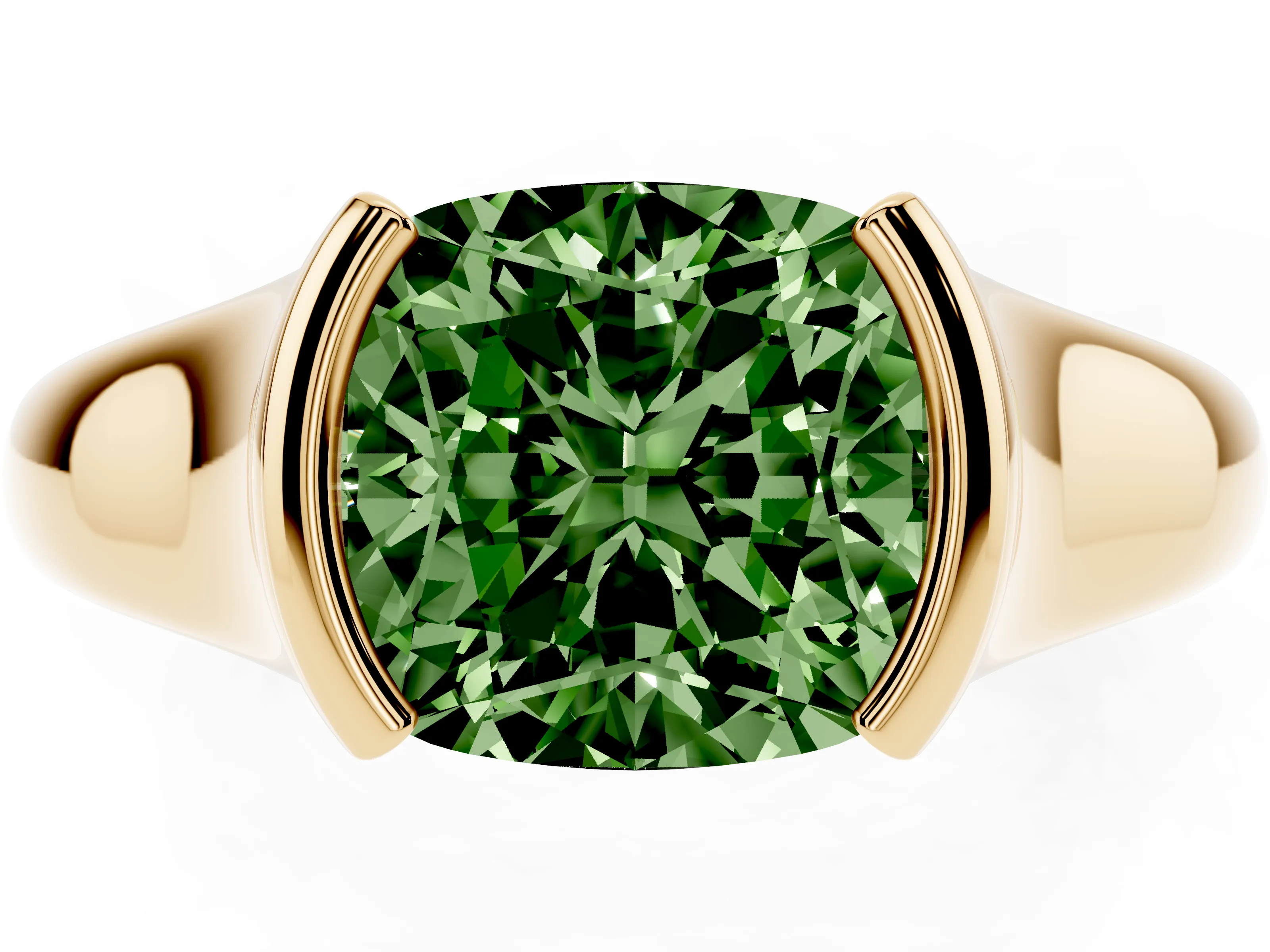 Fancy Green Cushion Cut Diamond Solitaire Tension Set Ring Set in Yellow gold with Split Shank Band