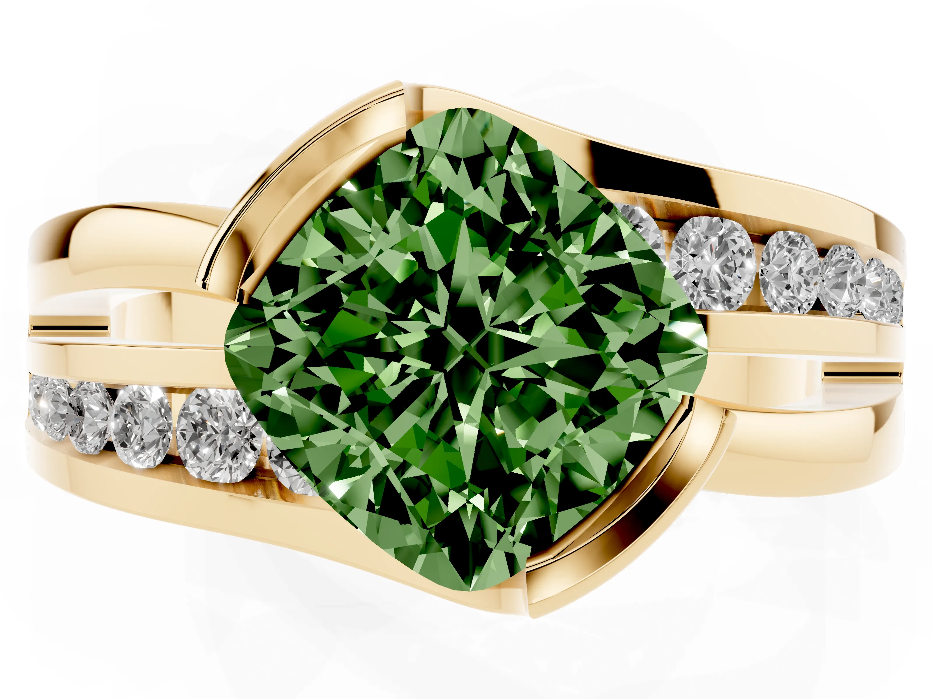 Fancy Green Cushion Cut Diamond Solitaire Ring Set in Yellow gold with Channel Set Split Shank and Tension Prongs