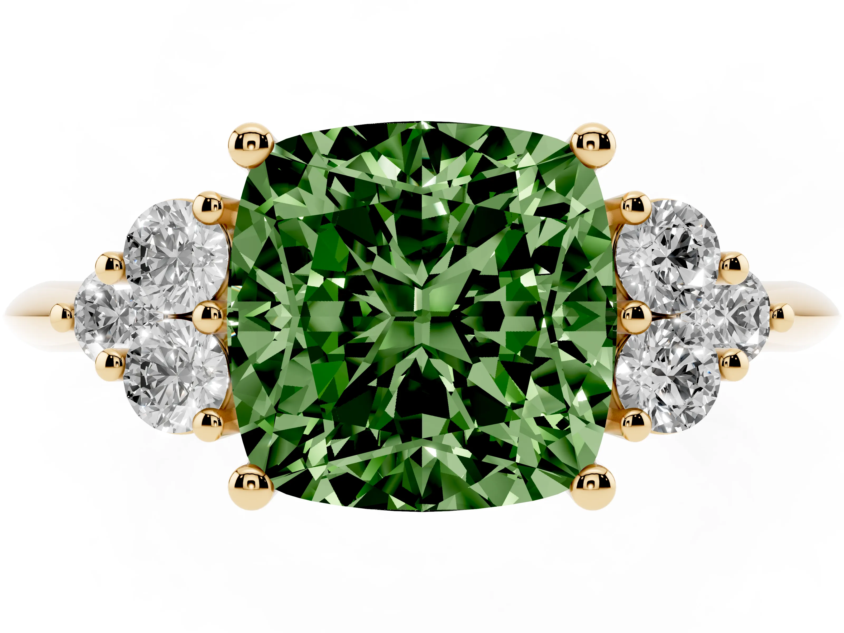 Fancy Green Cushion Cut Diamond Cluster Ring Set in Yellow gold with Plain Band and Prong Setting