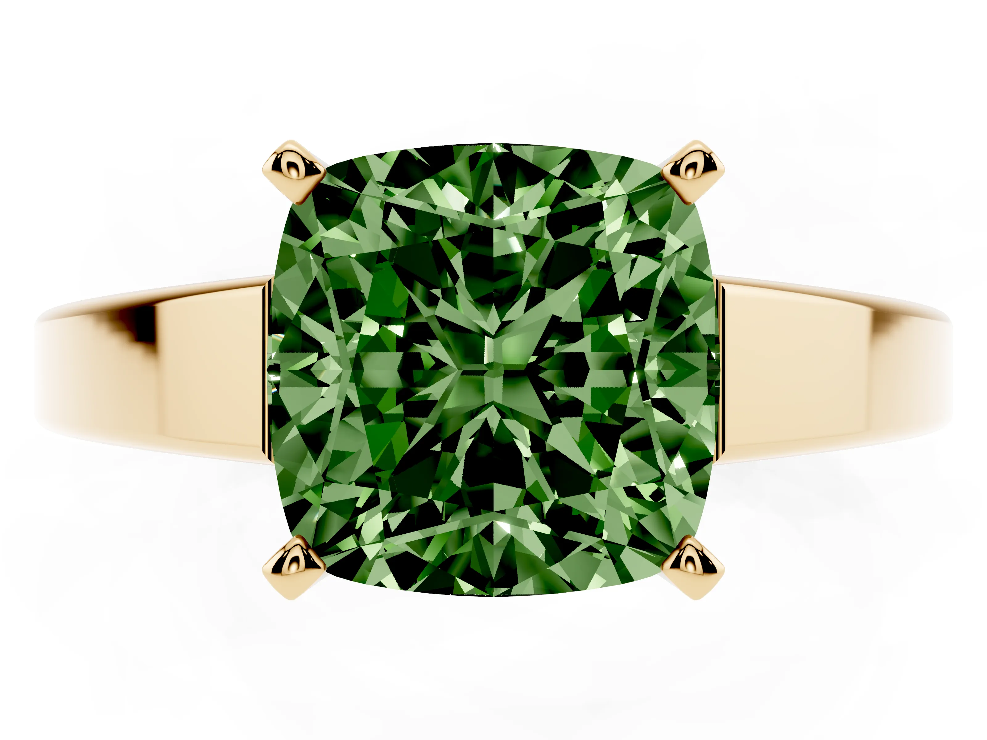 Fancy Green Cushion Cut Diamond Solitaire Engagement Ring Set in Yellow gold with Prong Setting and Tapered Band
