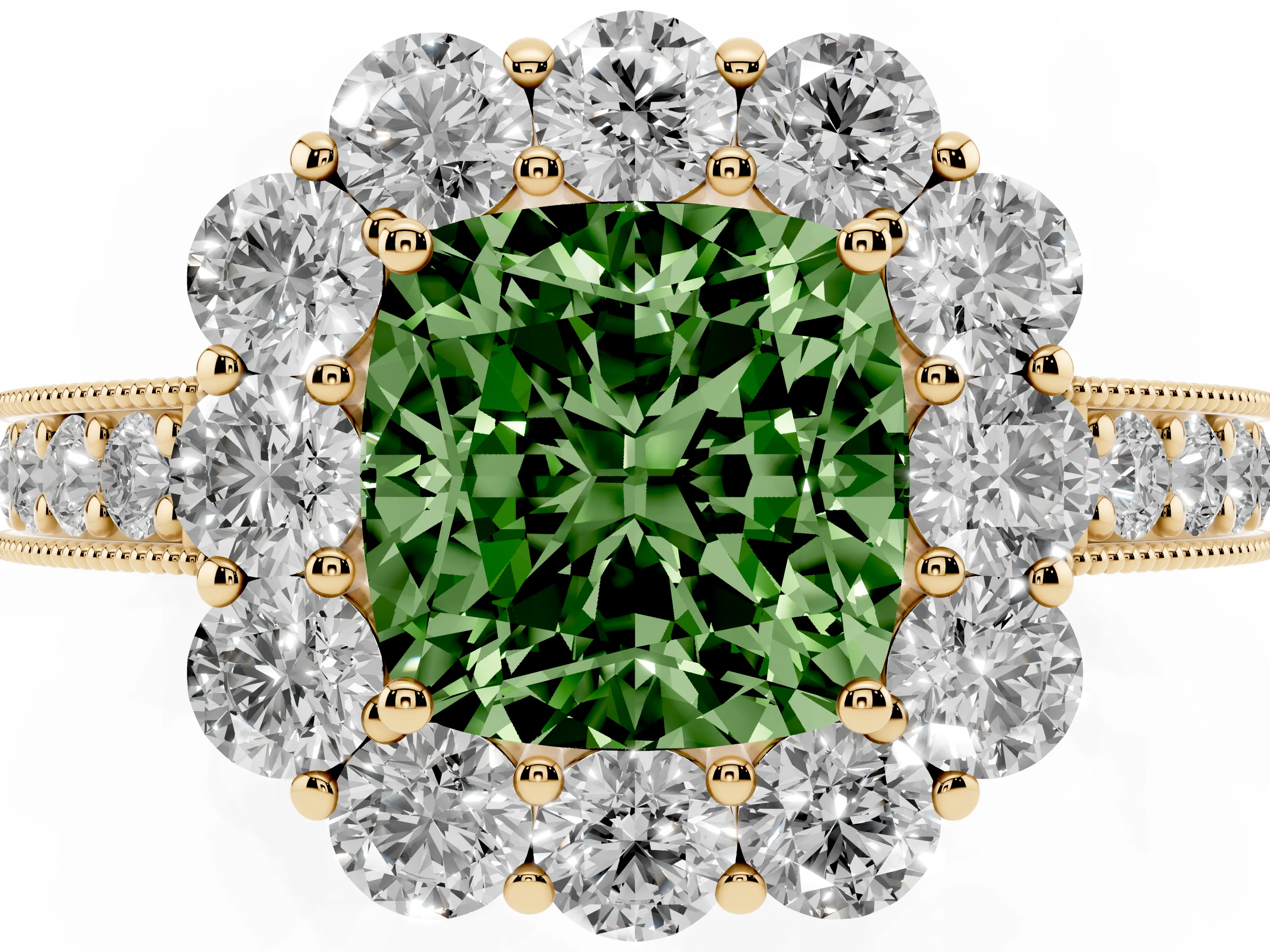 Fancy Green Cushion Cut Diamond Halo Pavé Engagement Ring Set in Yellow gold with Milgrain Detailing