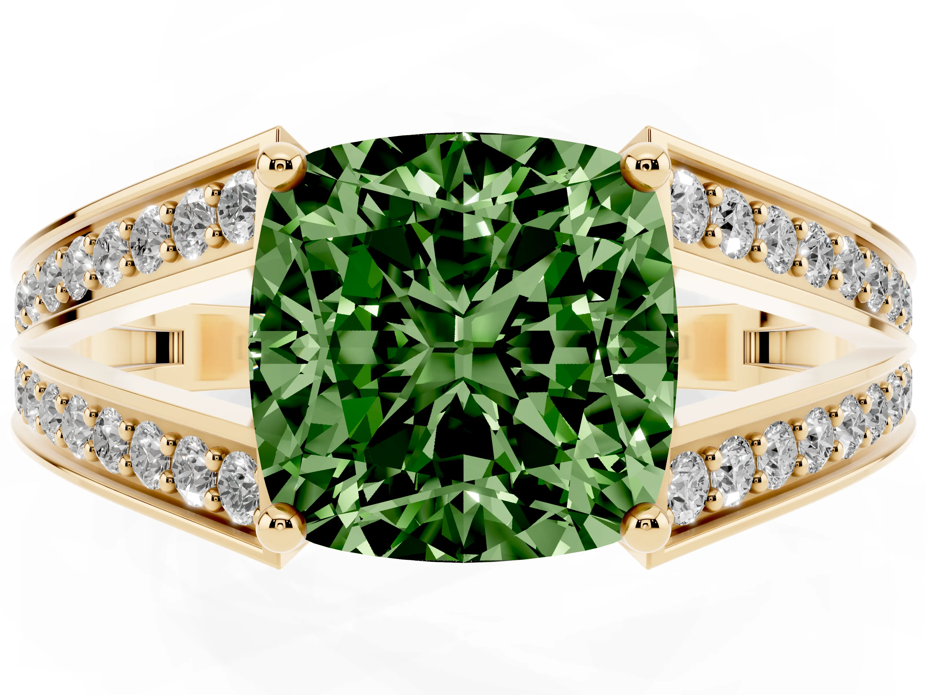 Fancy Green Cushion Cut Diamond Split Shank Ring Set in Yellow gold with Pavé Band and Prong Setting
