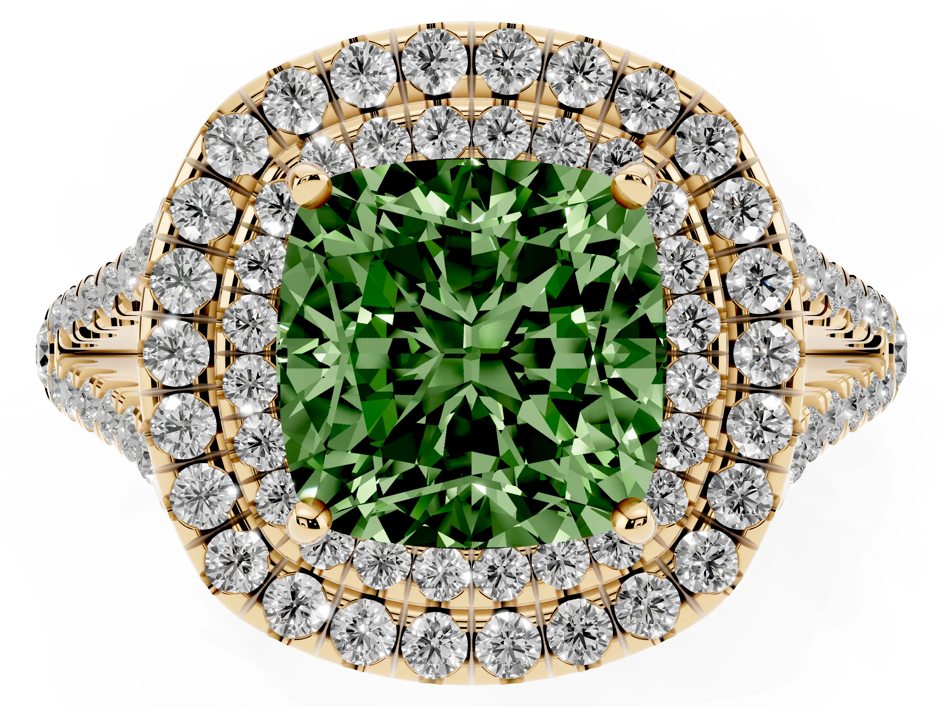 Fancy Green Cushion Cut Diamond Double Halo Ring Set in Yellow gold with Pavé Band