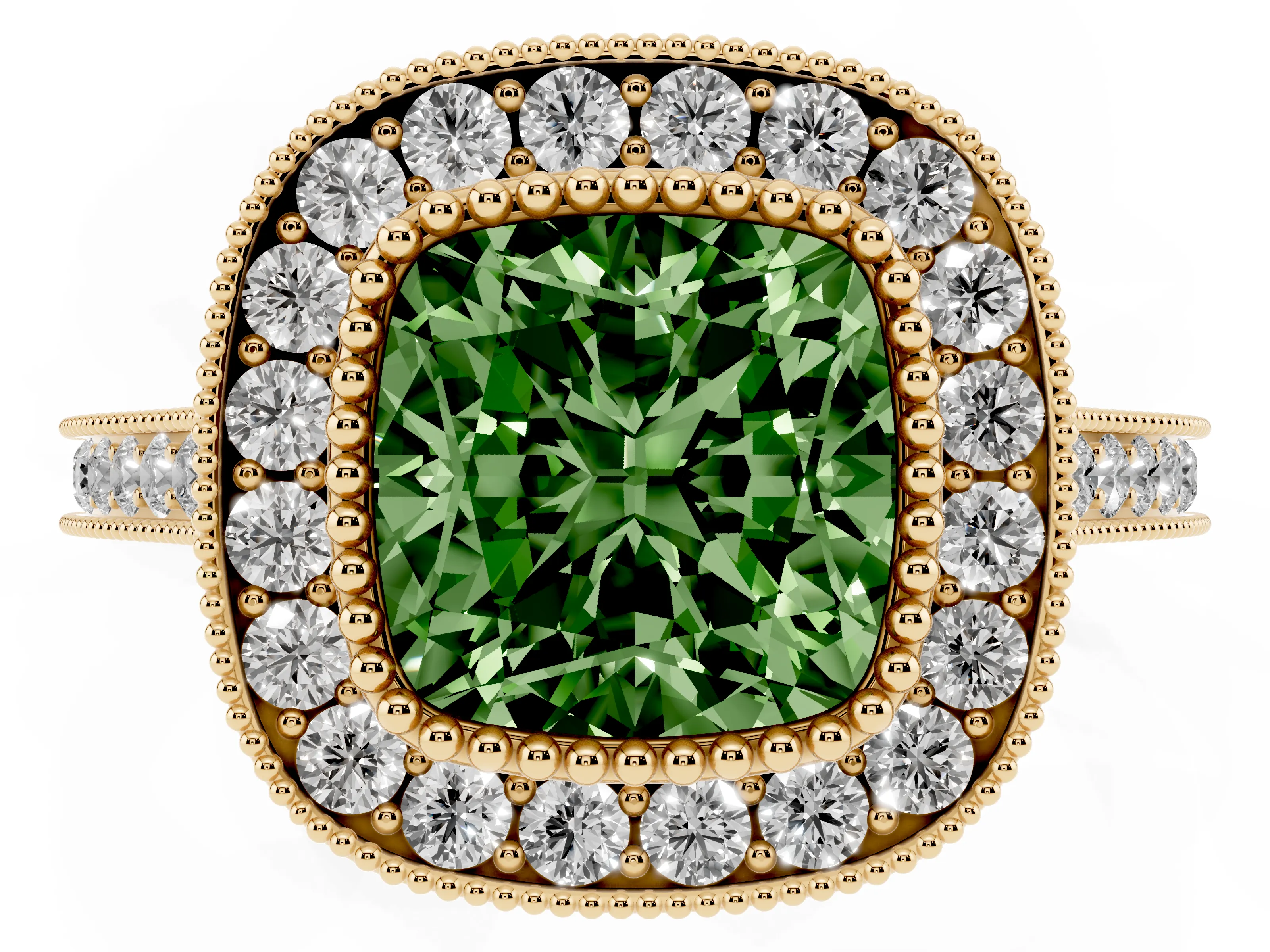 Fancy Green Cushion Cut Diamond Halo Ring Set in Yellow gold with Milgrain Frame and Pavé Band