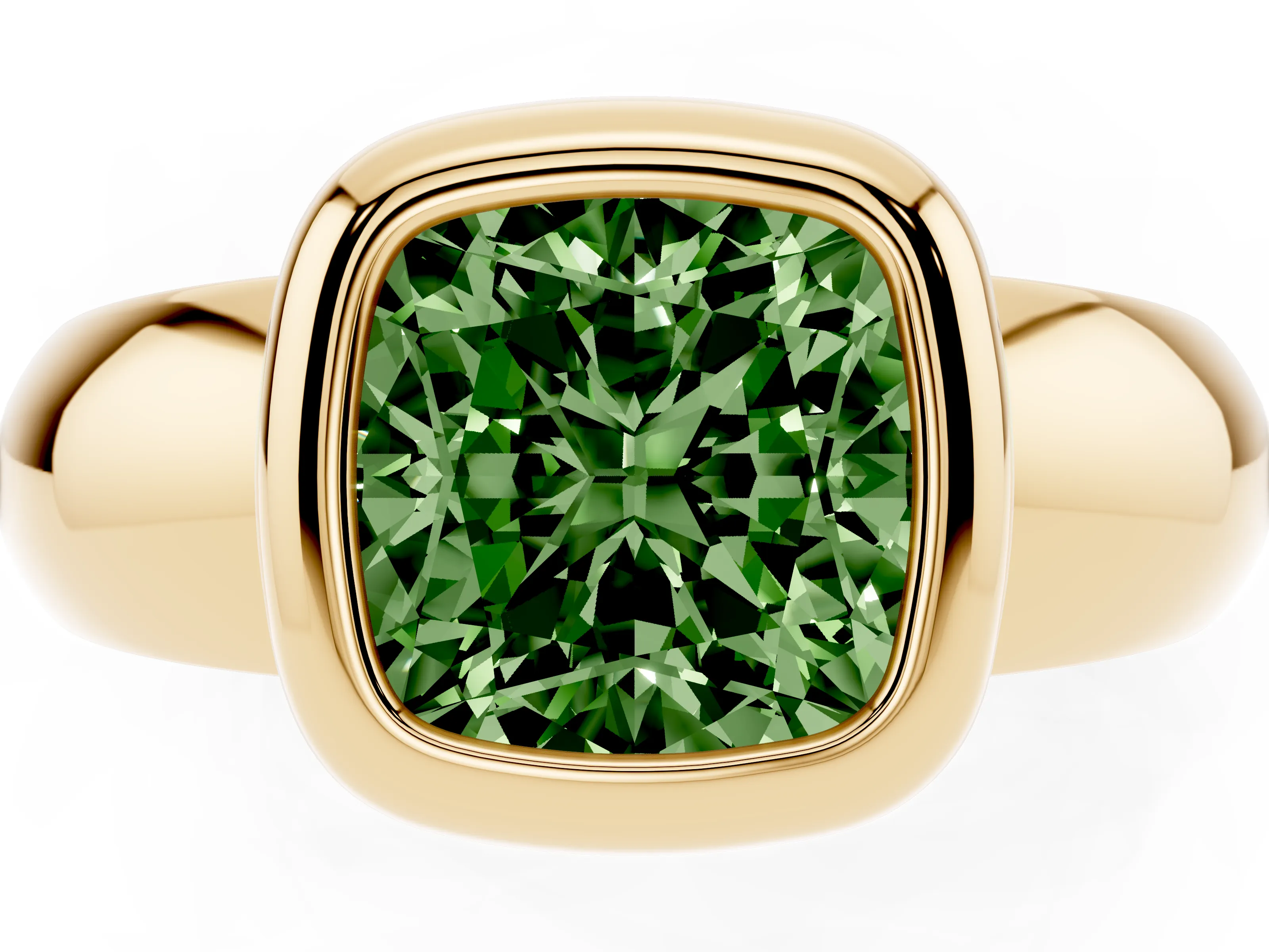 Fancy Green Bezel Set Cushion Cut Diamond Solitaire Ring Set in Yellow gold with Wide Band