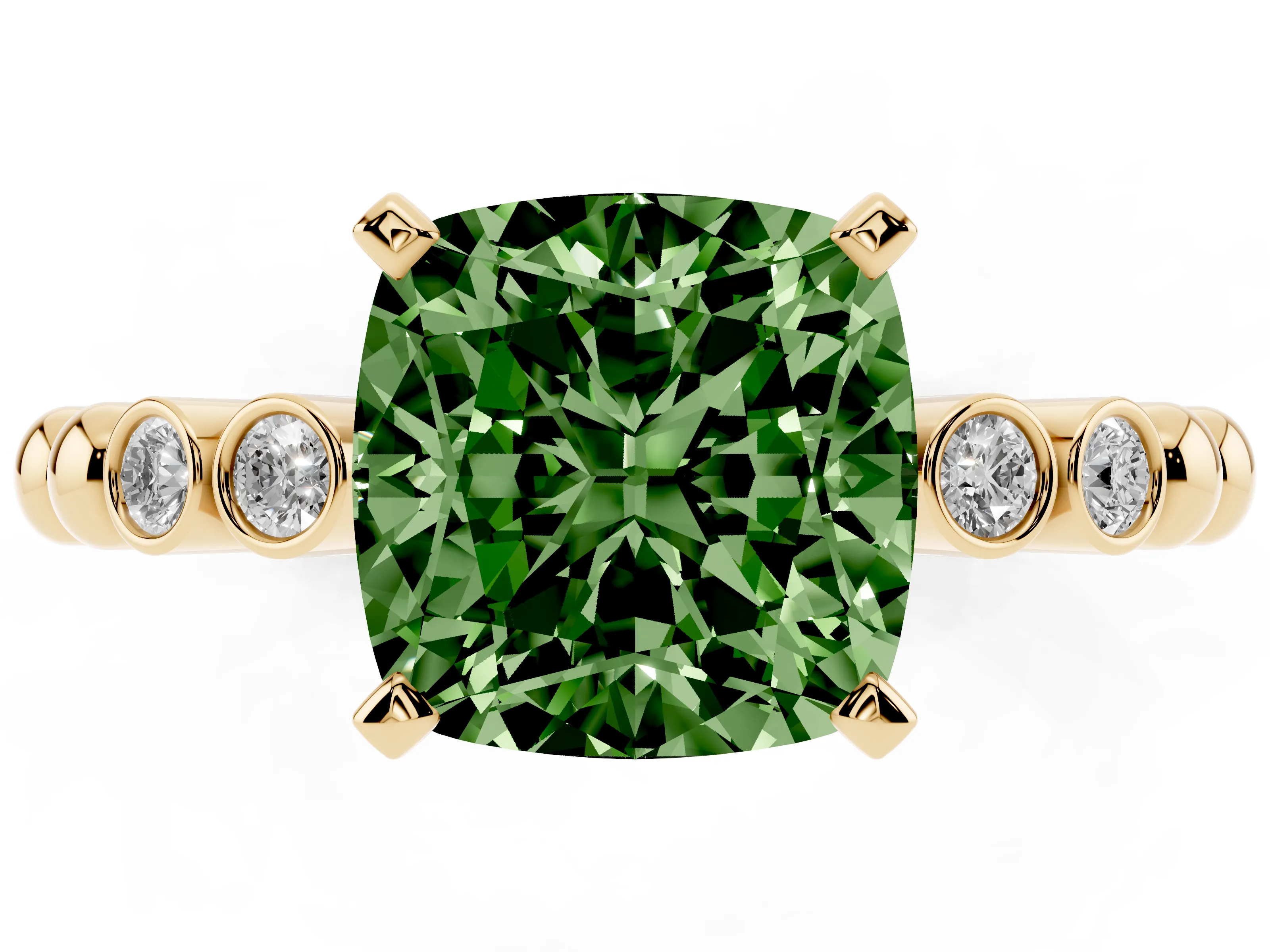 Fancy Green Cushion Cut Diamond Solitaire Engagement Ring Set in Yellow gold with Bezel Accents on Beaded Band