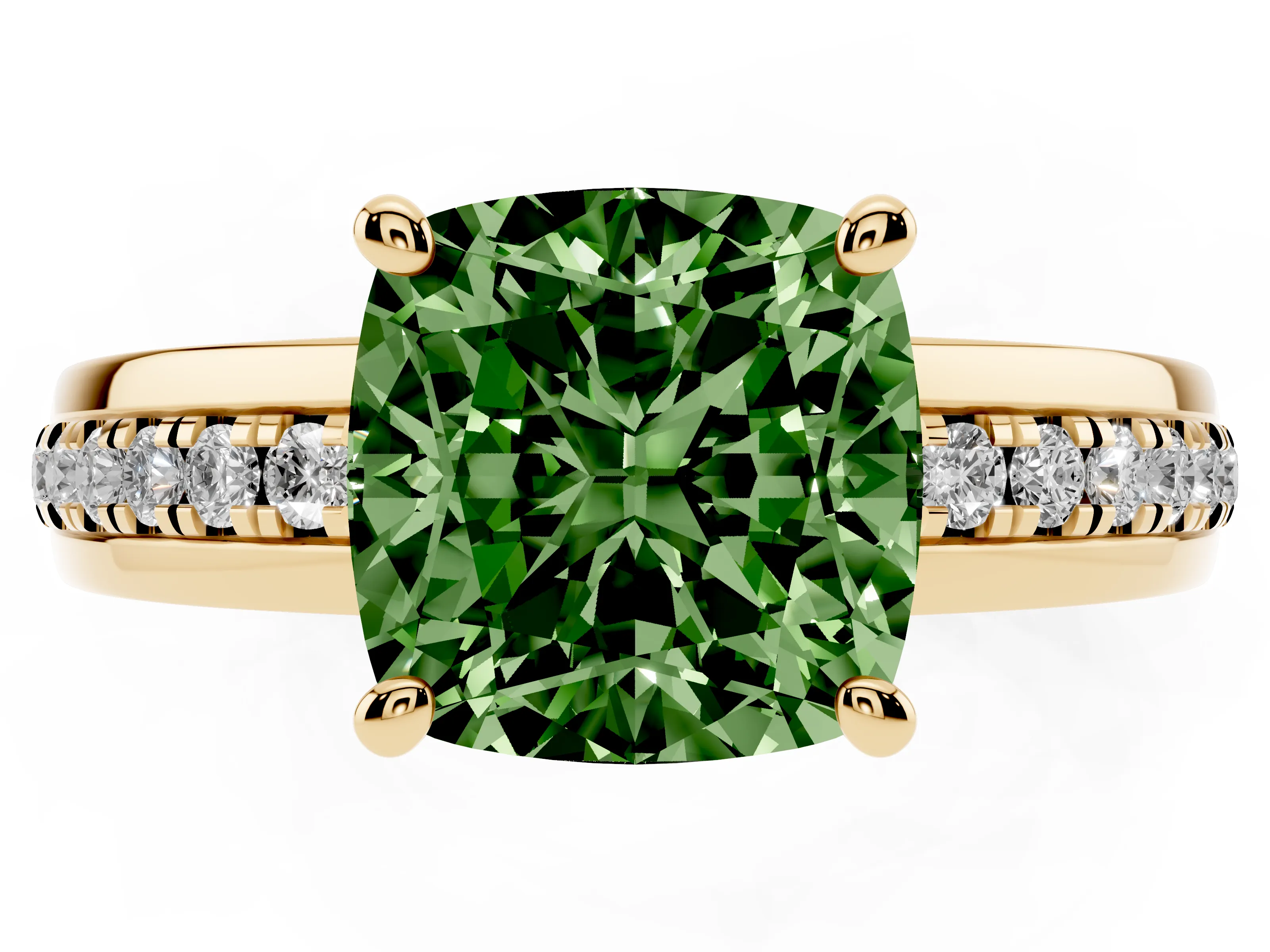 Fancy Green Cushion Cut Diamond Solitaire Ring Set in Yellow gold with Channel Set Band and Prong Setting
